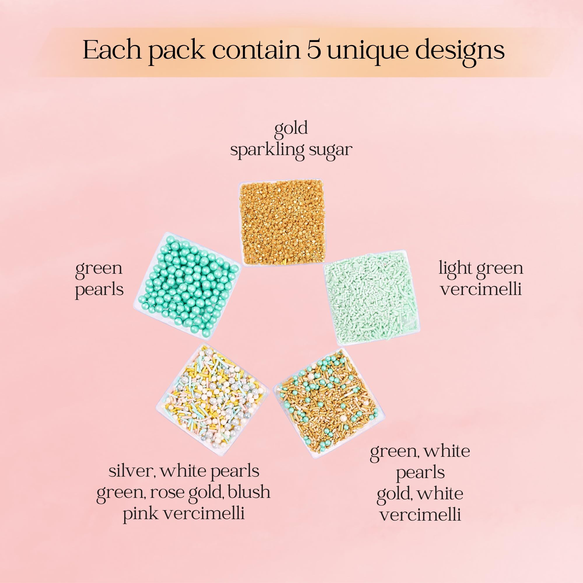 Confect Edible Sprinkles For Cakes & Cupcakes Decoration Assorted Pack Of 5 Cool Summer Breeze Mix Yellow Pearl Dragees Mint Green, Golden Jimmies Sparkling Gold Sugar - 3.5 Oz