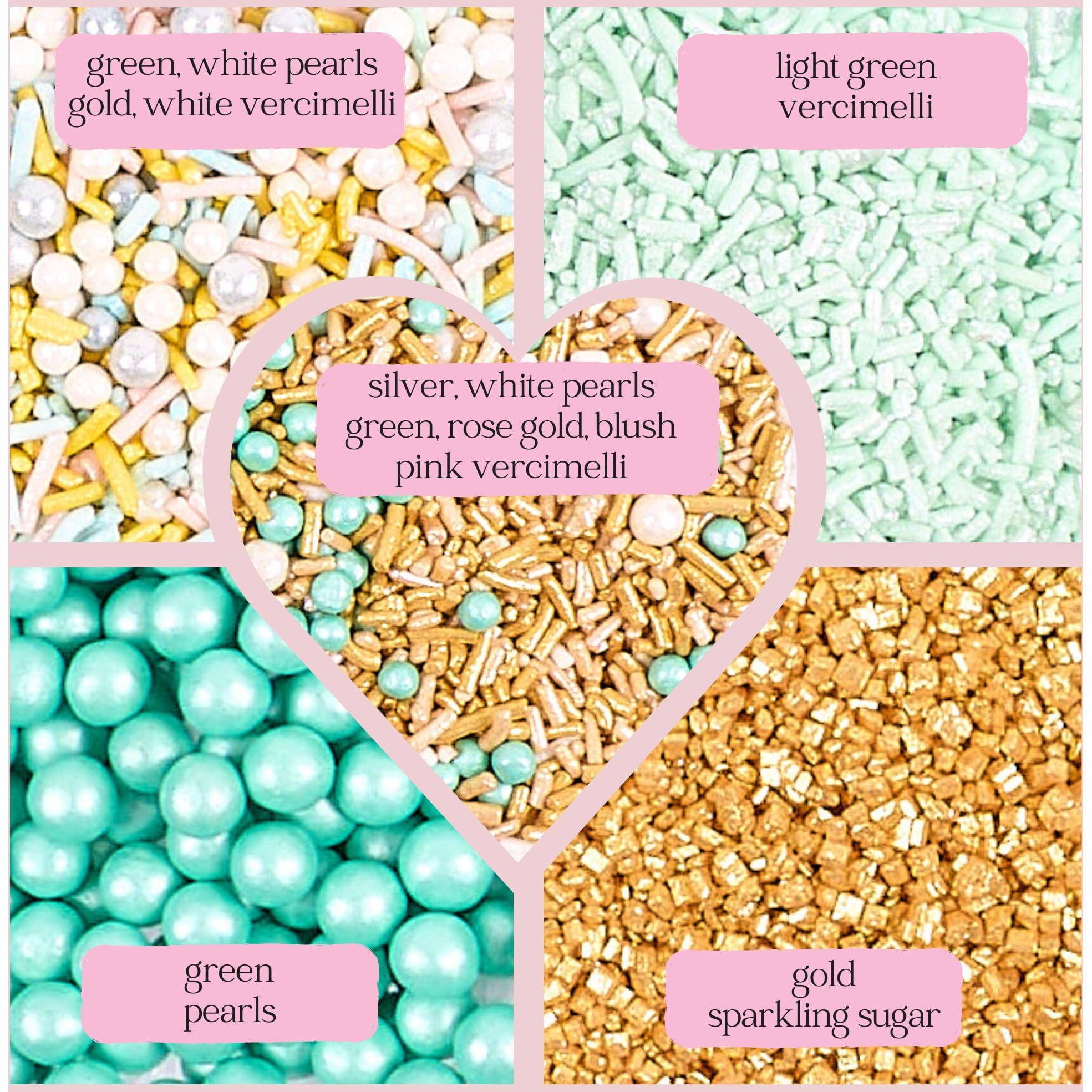 Confect Edible Sprinkles For Cakes & Cupcakes Decoration Assorted Pack Of 5 Cool Summer Breeze Mix Yellow Pearl Dragees Mint Green, Golden Jimmies Sparkling Gold Sugar - 3.5 Oz