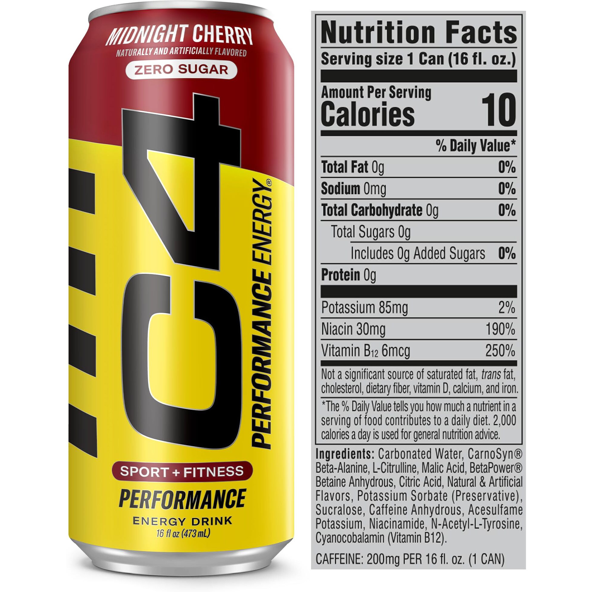 C4 Performance Energy Drink | Zero Sugar Carbonated Preworkout Energy | 200Mg Caffeine With Beta Alanine | Midnight Cherry | 16 Fl Oz (12 Pack)