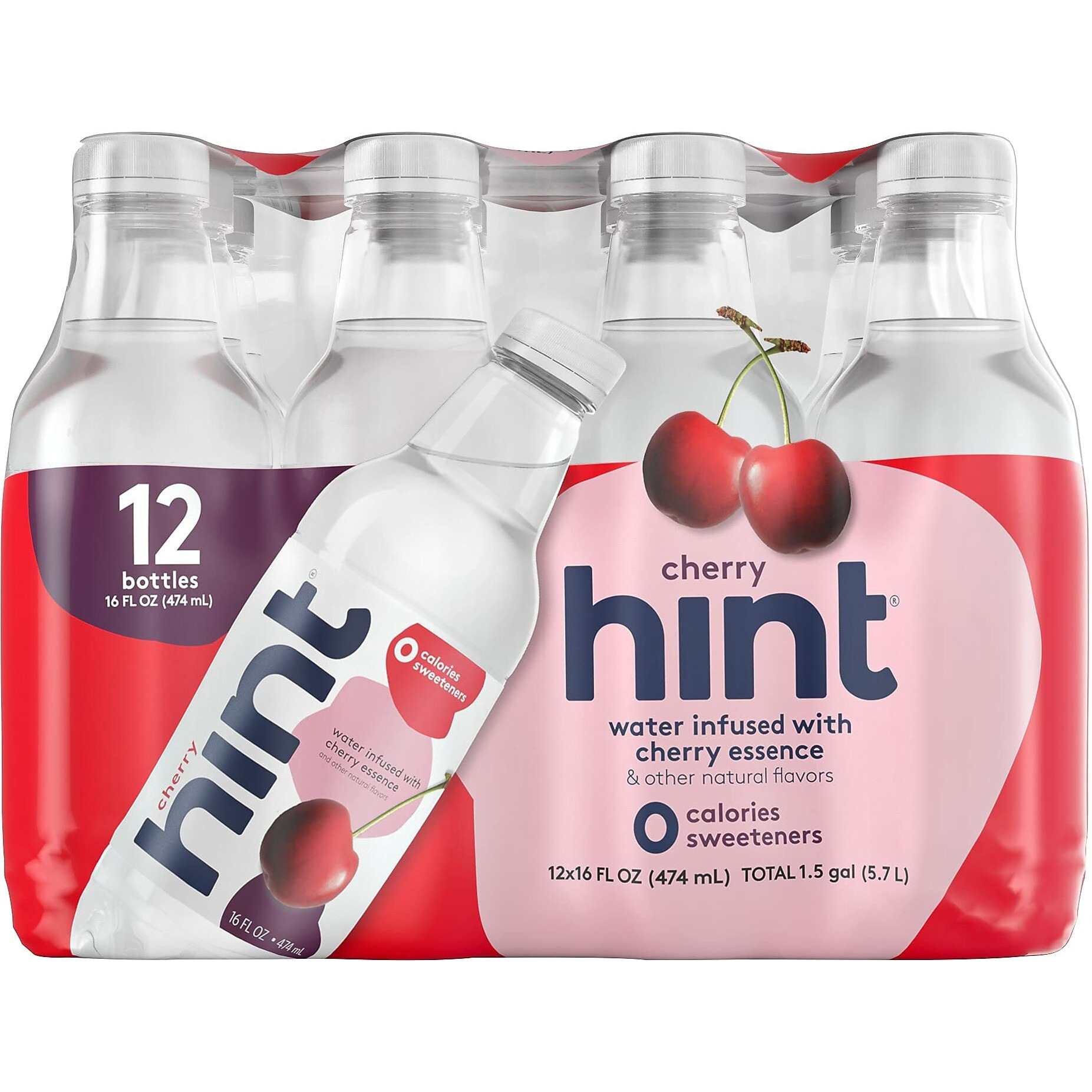 Hint Water Cherry, Pure Water Infused With Cherry, Zero Sugar, Zero Calories, Zero Sweeteners, Zero Preservatives, Zero Artificial Flavors, 16 Fl Oz (Pack Of 12)