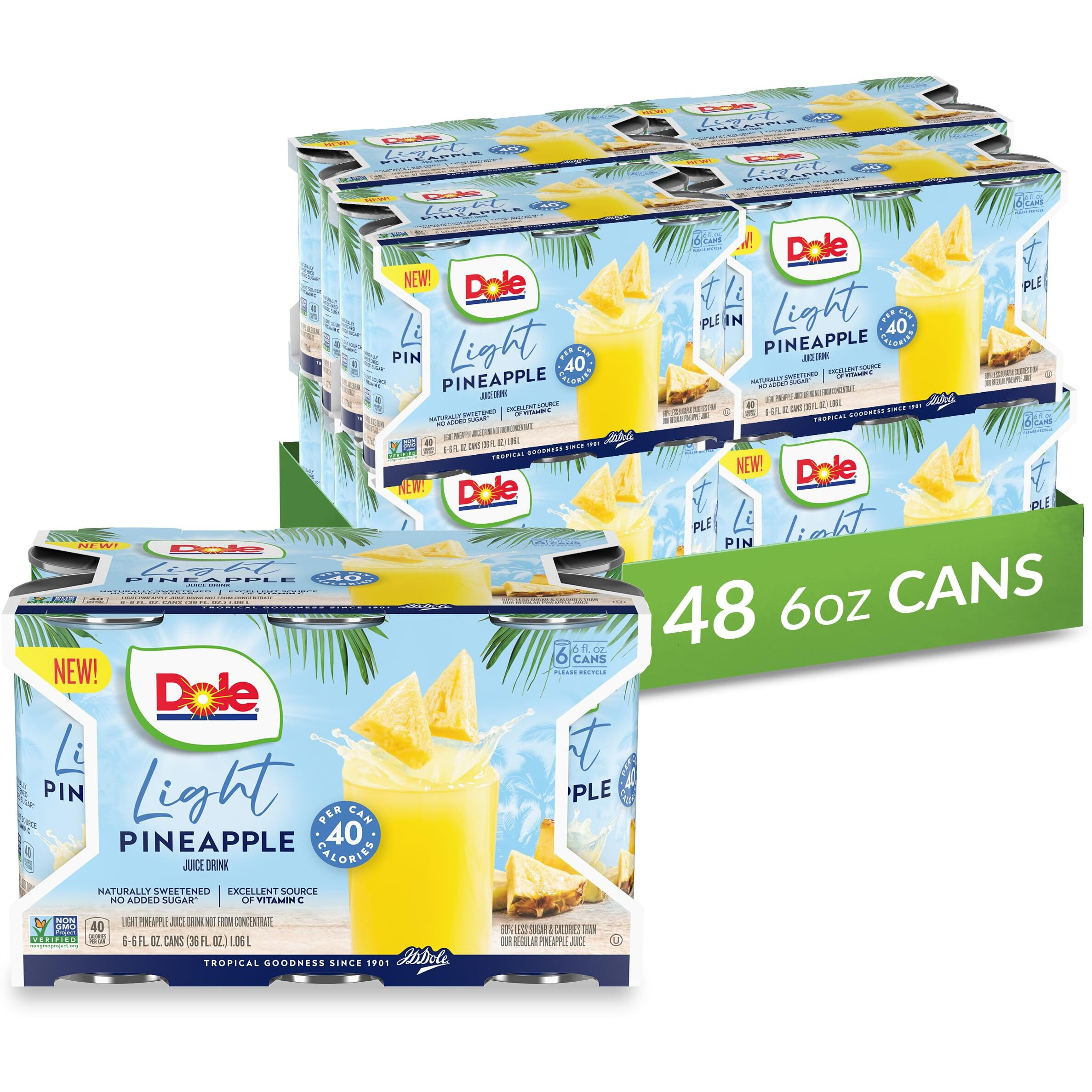 Dole Light Pineapple Juice Drink, No Added Sugar, 40 Calories Per Can, Excellent Source Of Vitamin C, 100% Fruit Juice, 6 Fl Oz (Pack Of 48)