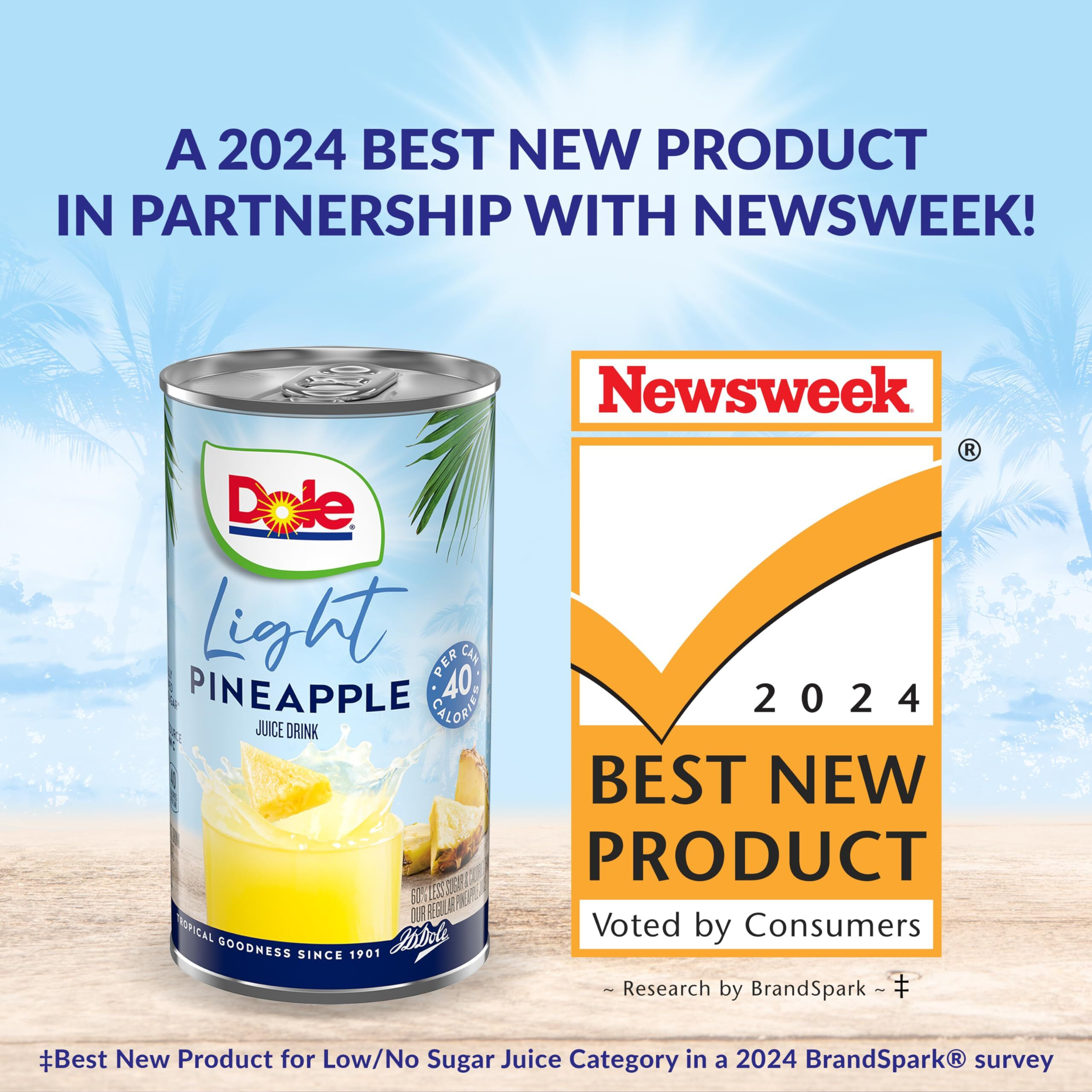 Dole Light Pineapple Juice Drink, No Added Sugar, 40 Calories Per Can, Excellent Source Of Vitamin C, 100% Fruit Juice, 6 Fl Oz (Pack Of 48)