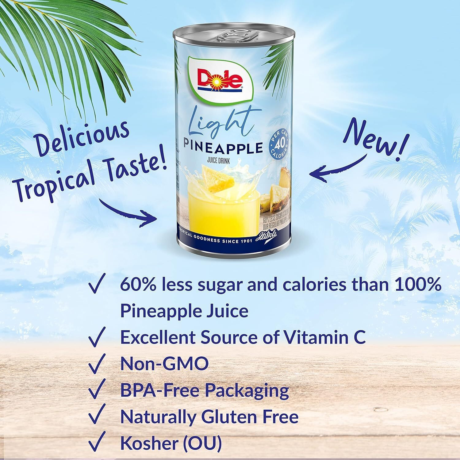 Dole Light Pineapple Juice Drink, No Added Sugar, 40 Calories Per Can, Excellent Source Of Vitamin C, 100% Fruit Juice, 6 Fl Oz (Pack Of 48)
