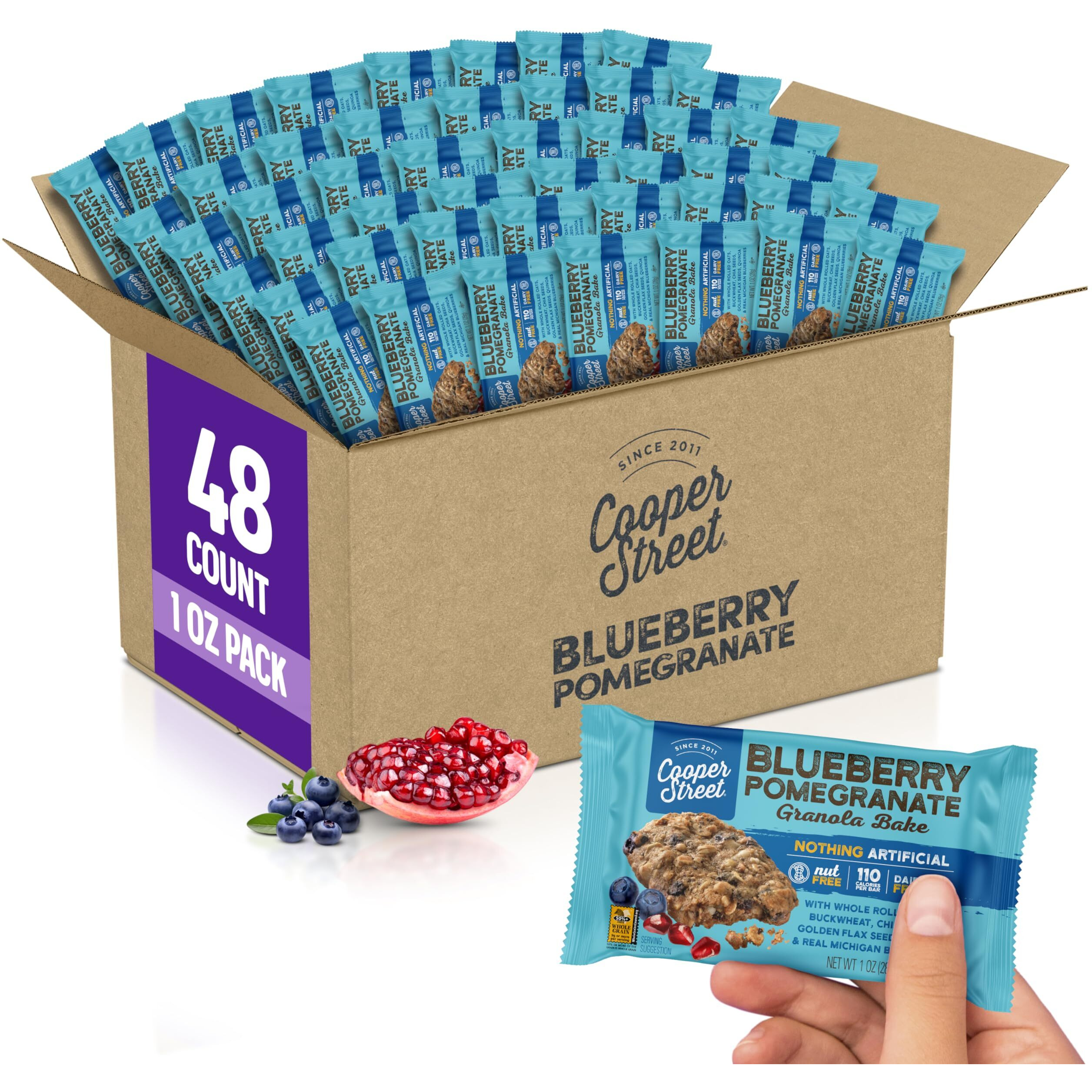 Cooper Street Granola Cookie Bake - Chewy Granola Bars With Chia, Flax, Buckwheat And Oats In Delicious Blueberry Pomegranate Flavor | Individually Wrapped Healthy Breakfast Bars | 1 Oz | 48 Pack