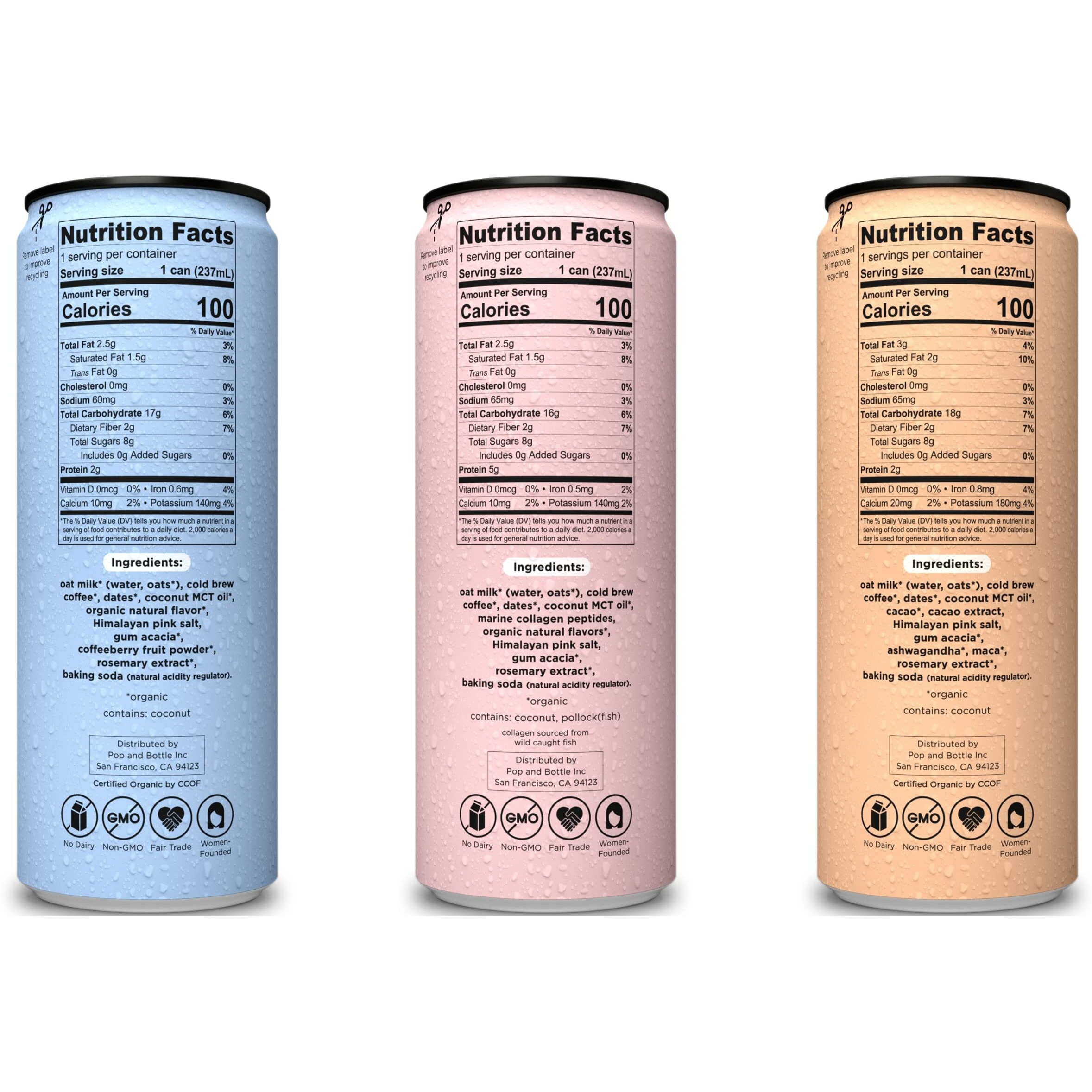 Pop & Bottle, Oat Milk Lattes - Cold Brew, Maca, Antioxidants, Ashwagandha, Mct Oil, Collagen, Organic, Diary Free, Gluten Free, Lightly Sweetened With Dates - Variety, 8 Fl Oz (12 Pack)