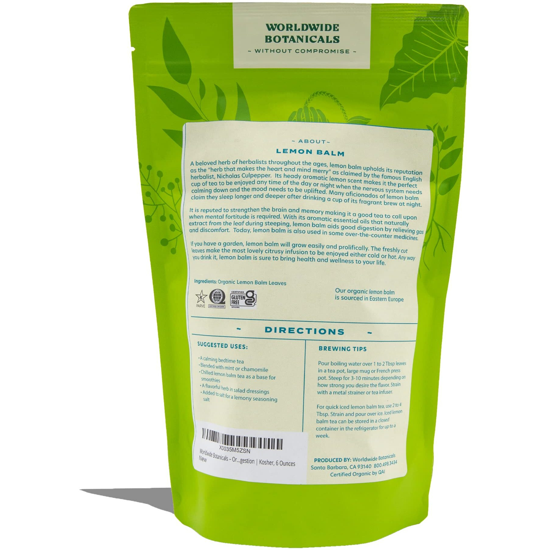 Worldwide Botanicals Organic Lemon Balm Tea - Loose Leaf Premium Herbal Tea | 100% Pure Lemon Balm Leaves | Calming Tea For Stress Relief And Good Digestion | Kosher, 6 Ounces