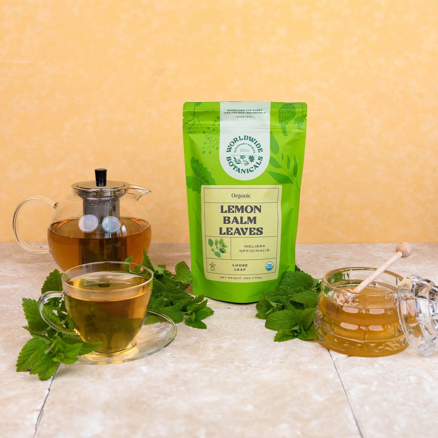 Worldwide Botanicals Organic Lemon Balm Tea - Loose Leaf Premium Herbal Tea | 100% Pure Lemon Balm Leaves | Calming Tea For Stress Relief And Good Digestion | Kosher, 6 Ounces