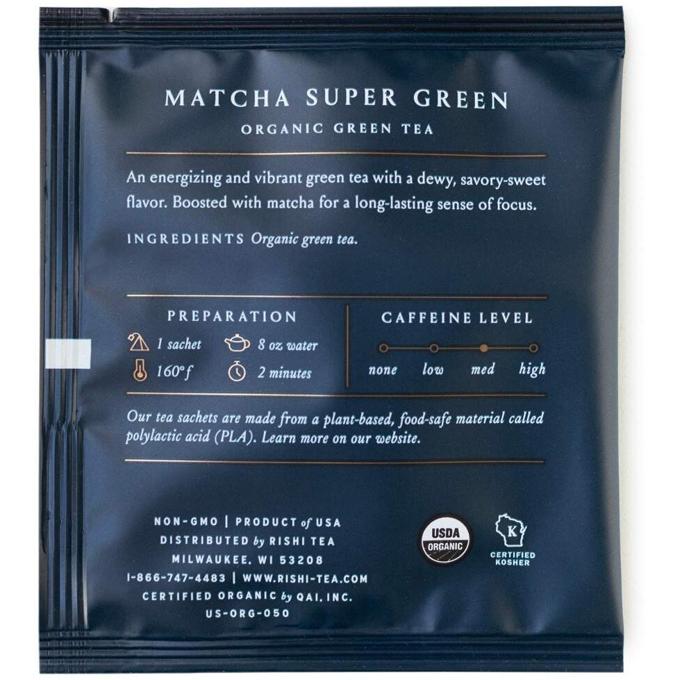 Rishi Tea Matcha Super Green Tea | Usda Organic Direct Trade Sachet Tea Bags, Certified Kosher Caffeinated Japanese Green Tea, Umami Antioxidant Rich Sencha & Matcha Blend | 50 Count (Pack Of 1)
