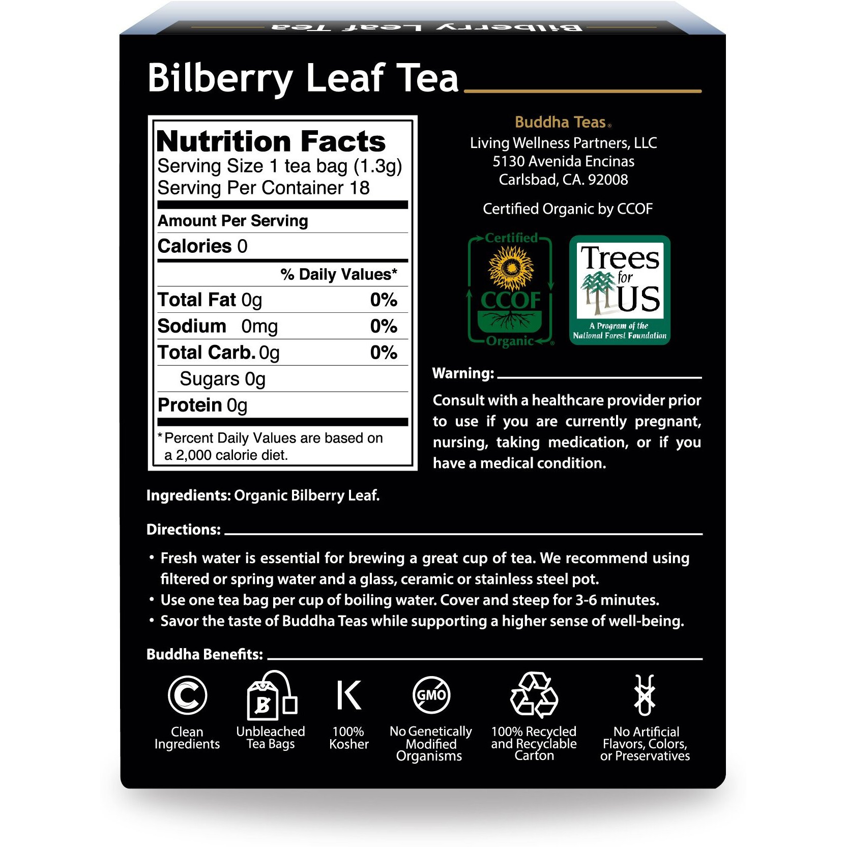Buddha Teas Organic Bilberry Leaf Tea - Ou Kosher, Usda Organic, Ccof Organic, 18 Bleach-Free Tea Bags