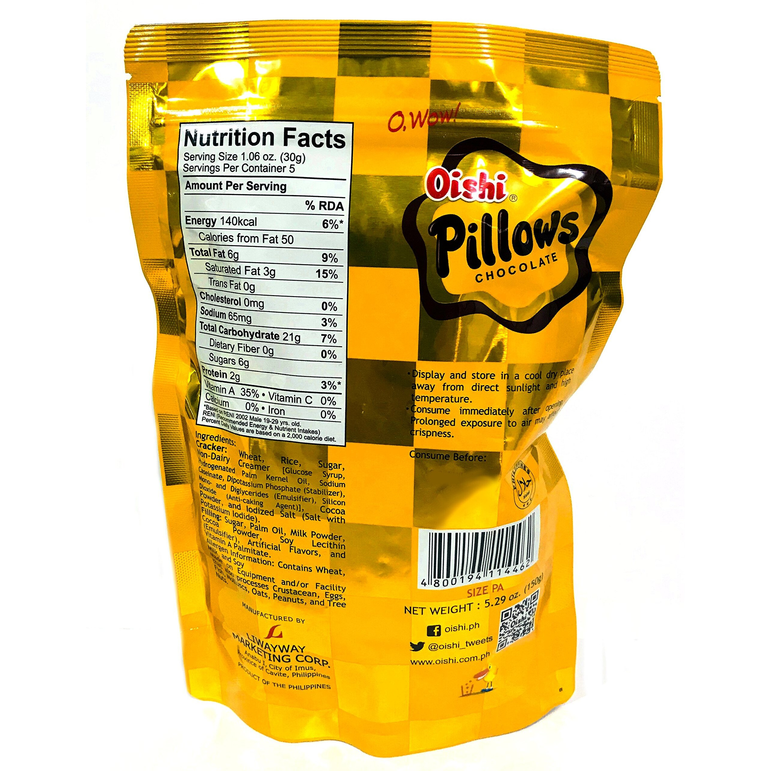 Oishi Pillows Choco-Filled Crackers Party Size, 5.29 Oz, 3 Packs