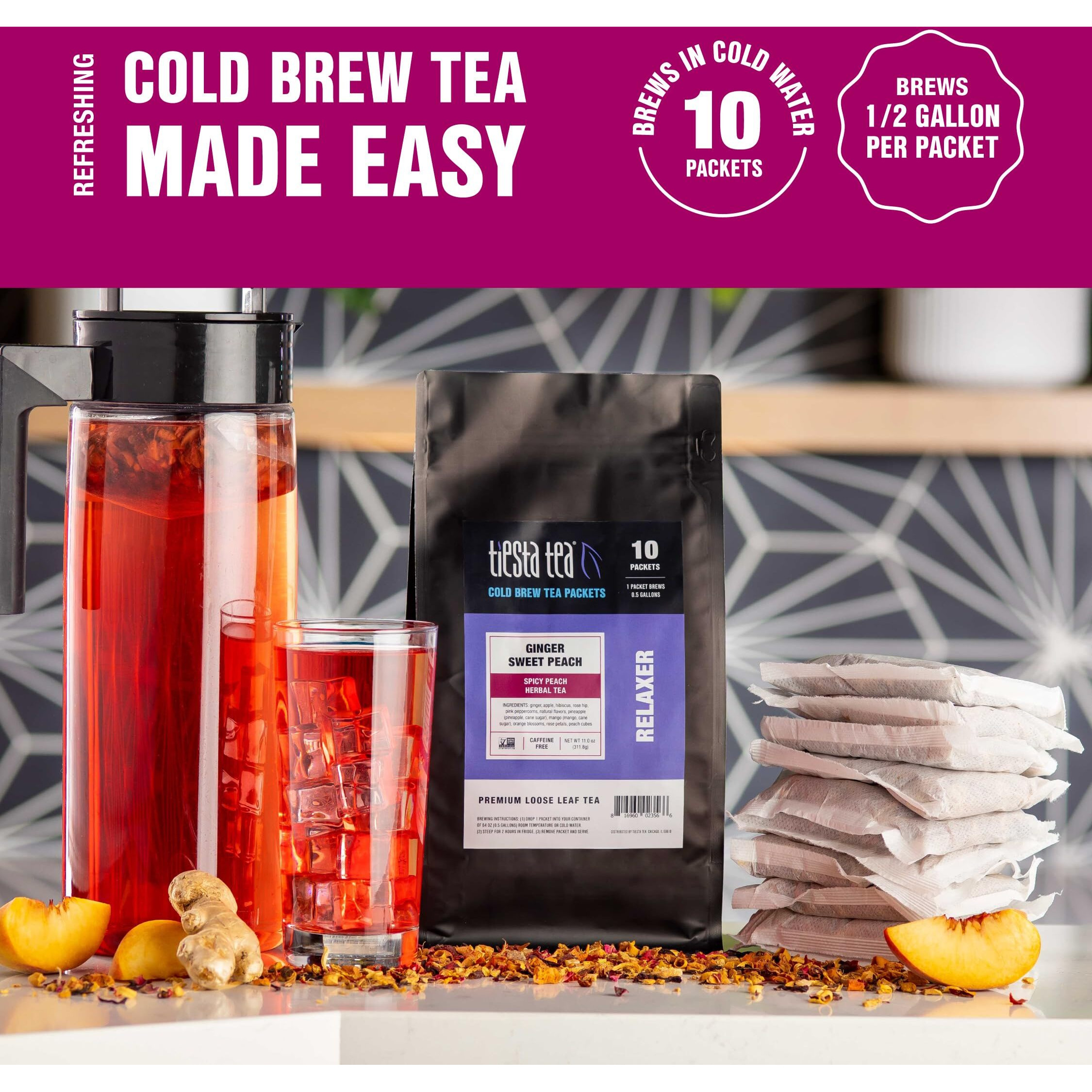 Tiesta Tea - Ginger Sweet Peach Cold Brew Tea - Spicy Peach Herbal Tea - Premium Loose Leaf Tea Blend - Non Caffeinated Iced Tea - Cold Brew Tea Packets - Brews 64 Oz Of Pitcher Per Bag (Pack Of 10)