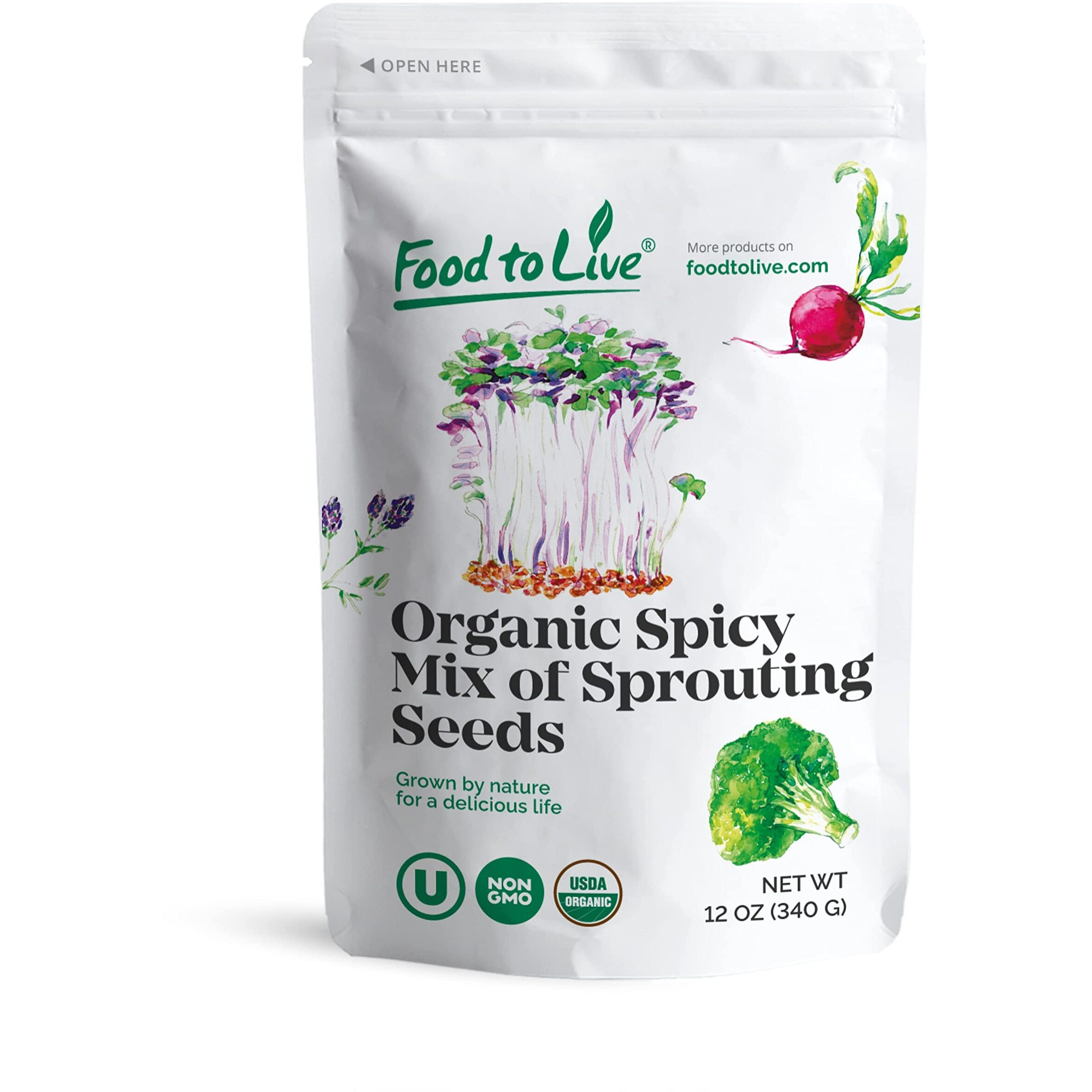 Food To Live Organic Spicy Mix Of Sprouting Seeds, 12 Ounces - Non-Gmo Broccoli, Radish, Alfalfa, Raw, Rich Germination Rate, Non-Irradiated, Pure, Kosher, Vegan Superfood, Bulk, Rich In Sulforaphane