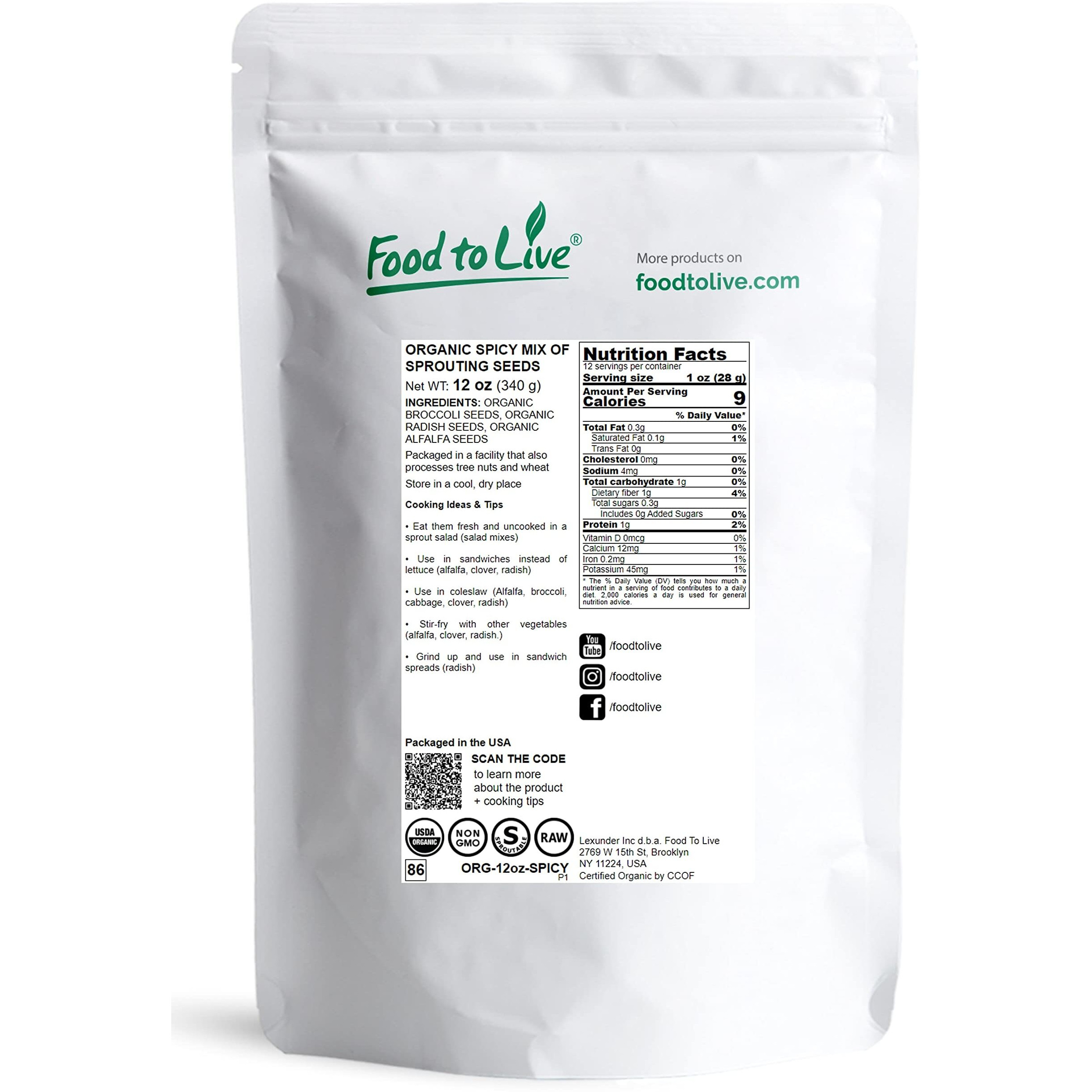 Food To Live Organic Spicy Mix Of Sprouting Seeds, 12 Ounces - Non-Gmo Broccoli, Radish, Alfalfa, Raw, Rich Germination Rate, Non-Irradiated, Pure, Kosher, Vegan Superfood, Bulk, Rich In Sulforaphane