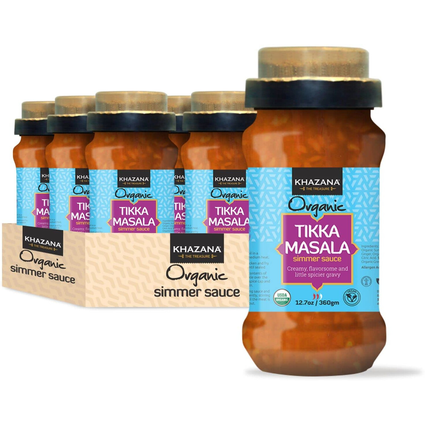 Khazana Organic Tikka Masala Indian Simmer Sauce - 6 X 12.7Oz Jars | Non-Gmo, Vegan, Gluten Free, Kosher | Authentic Indian Meals Made Easy At Home