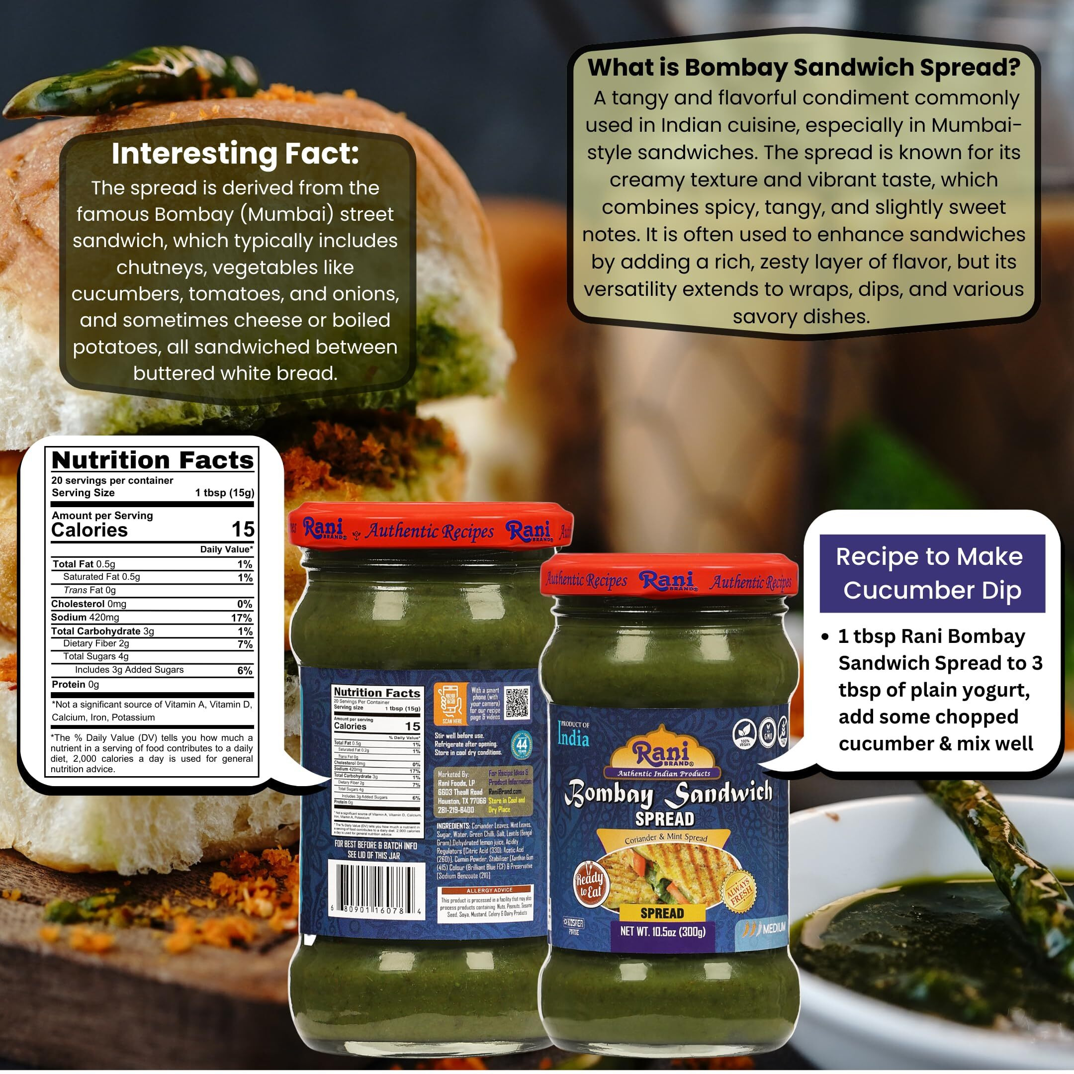 Rani Bombay Sandwich Spread, Mild (Mint & Coriander) 10.5Oz (300G) Glass Jar, Ready To Eat ~ Vegan | Gluten Free | Non-Gmo | Kosher | Indian Origin