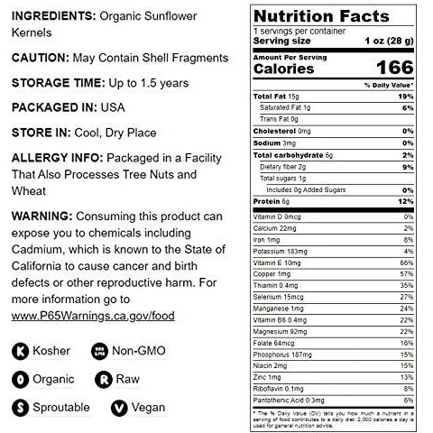 Food To Live - Organic Sunflower Seeds, 8 Ounces - Hulled, Raw, Non-Gmo, Dried Kernels, Unsalted, Kosher, Vegan, Keto, Paleo, Sirtfood, Bulk