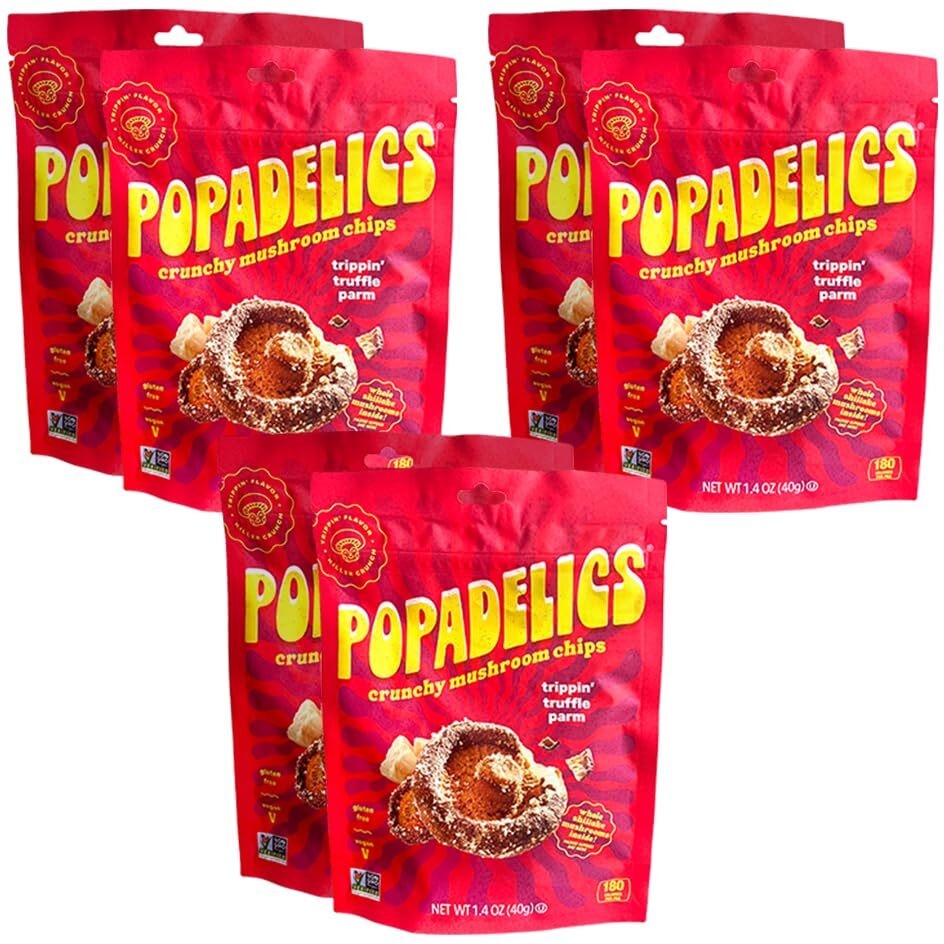 Popadelics Crunchy Mushroom Chips Trippin' Truffle Parm Shiitake Mushroom Crisps, Lightly Cooked And Seasoned, Vegan Chips, Vegan Snacks, Vegan Food, 1.4 Oz Ea (6 Count)