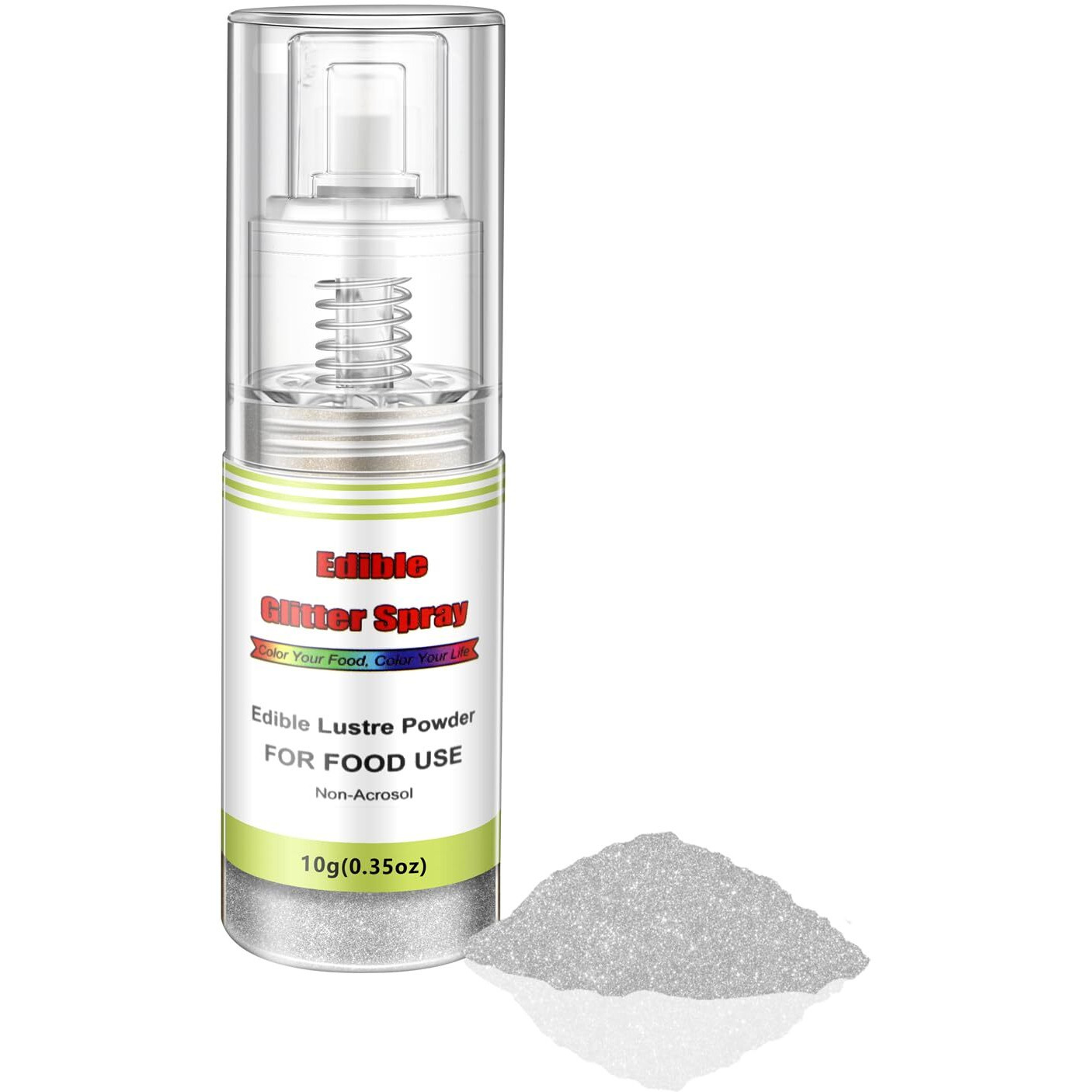 Edible Glitter Spray(Silver), Non Aerosol Food Coloring Lustre Powder, Food Grade Sparkling Dust Push Pump For Decorating Cupcake, Fondant, Cookie, Frosting, Gum Paste, 0.35 Oz.