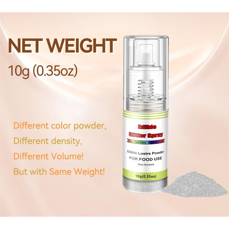 Edible Glitter Spray(Silver), Non Aerosol Food Coloring Lustre Powder, Food Grade Sparkling Dust Push Pump For Decorating Cupcake, Fondant, Cookie, Frosting, Gum Paste, 0.35 Oz.