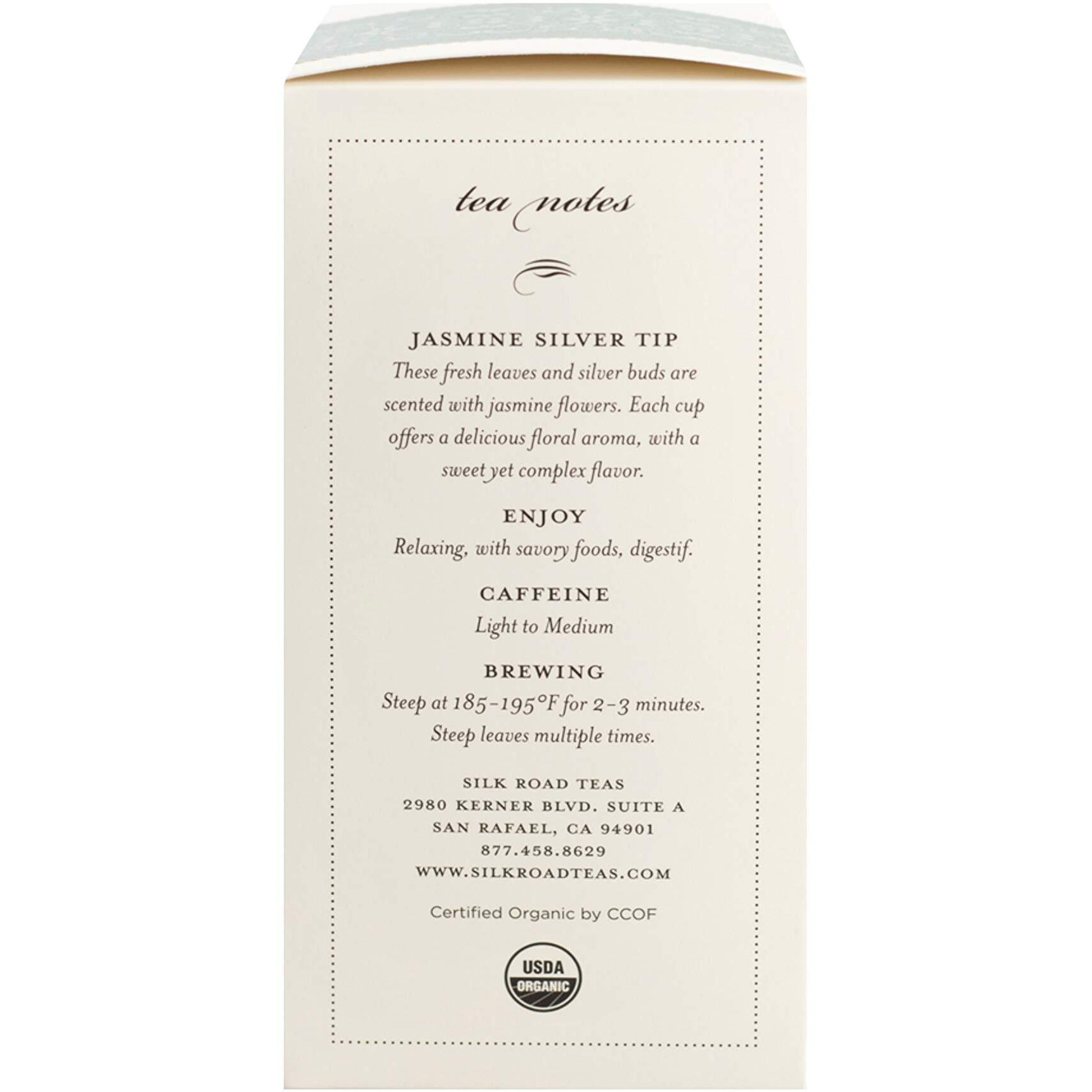 Silk Road Teas, Organic Jasmine Silver Tip Tea, Organic Green Tea, Artisan And Fair Trade, Floral Aroma, Invigorating & Savory Flavors, 15 Non-Gmo Biodegradable Corn Silk Tea Bags