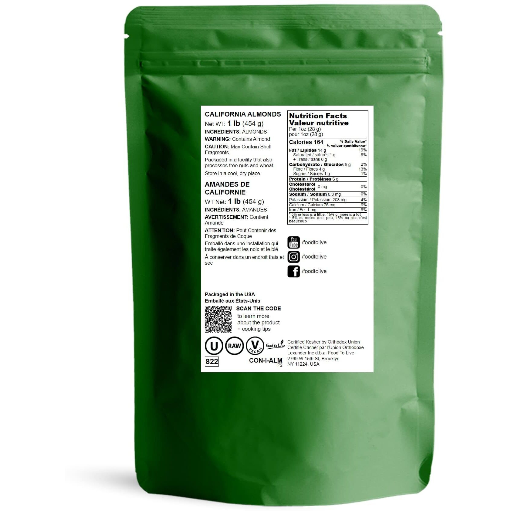 Food To Live - California Almonds, 1 Pound Supreme, Whole, Raw, Unsalted, Unroasted Nuts, Natural. Kosher, Vegan. Keto, Paleo, Low Sodium, Bulk. Great For Making Milk, Butter And Flour