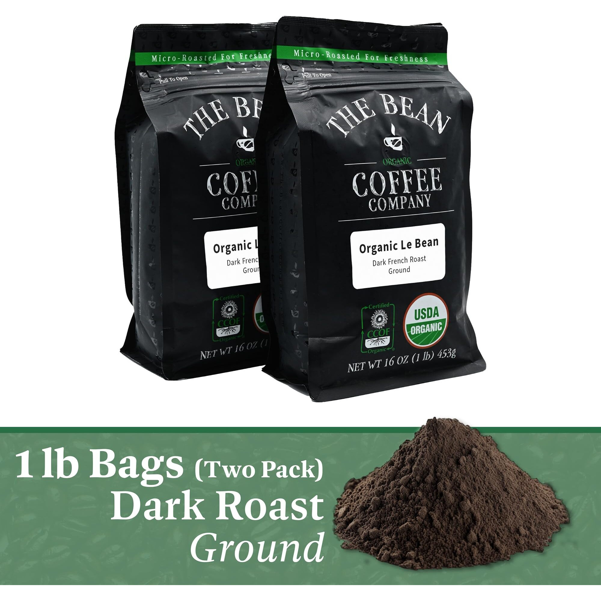 The Bean Organic Coffee Company Le Bean, Dark French Roast, Ground Coffee, 16-Ounce Bags (Pack Of 2), Caf   Molido Tostado Org  Nico