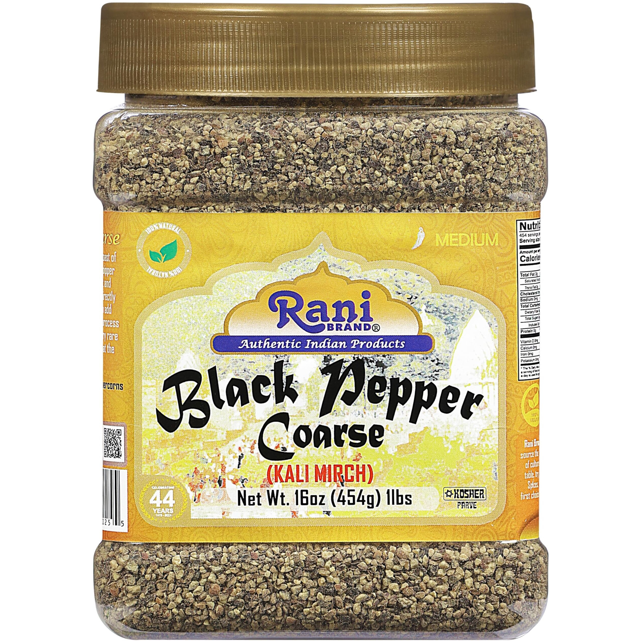 Rani Black Pepper Coarse Ground 28 Mesh (Table Grind) 16Oz (1Lb) 454G Pet Jar ~ All Natural | Vegan | Gluten Friendly | Non-Gmo | Kosher | Product Of Vietnam