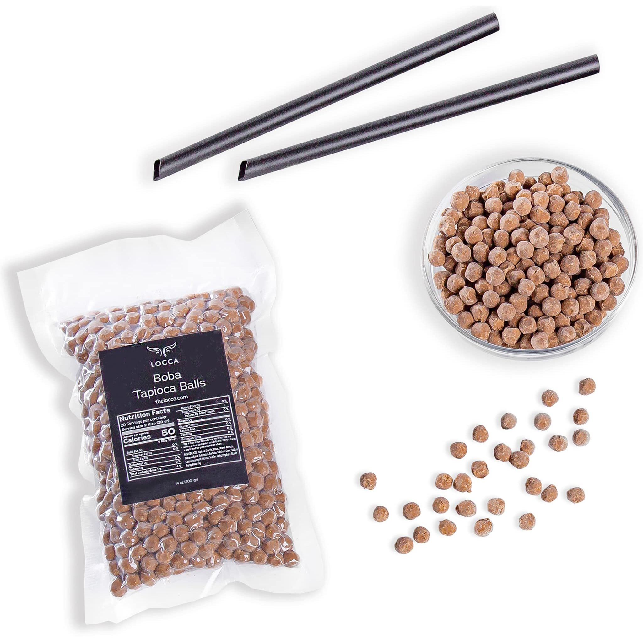 Boba Pearls | Tapioca Pearls | Locca Booba | 14 Oz (10 Servings) | Premium Easy To Cook | No Preservatives | With Straws And Boba Pearls Recipe Card | Vegan | Brown Sugar Boba
