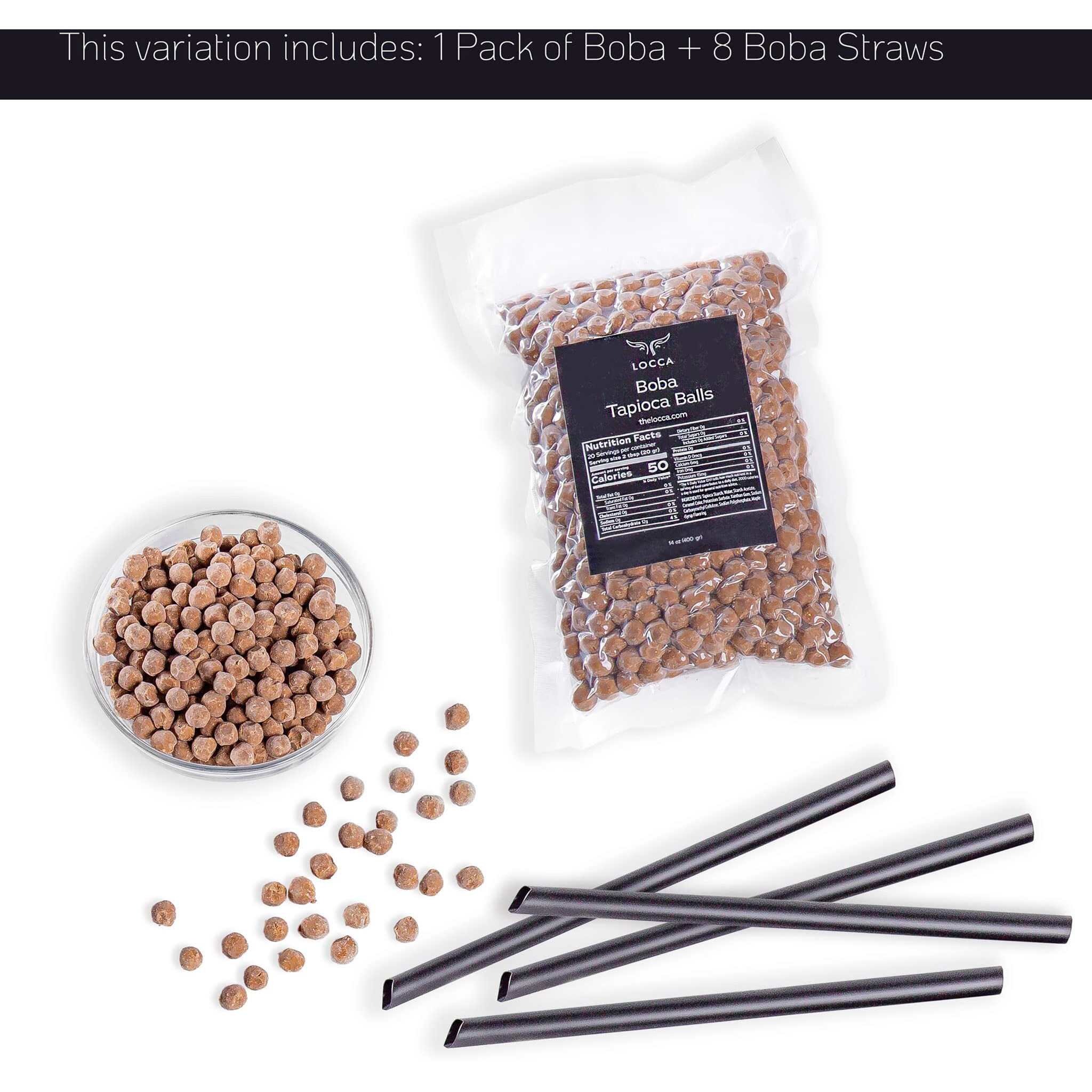 Boba Pearls | Tapioca Pearls | Locca Booba | 14 Oz (10 Servings) | Premium Easy To Cook | No Preservatives | With Straws And Boba Pearls Recipe Card | Vegan | Brown Sugar Boba