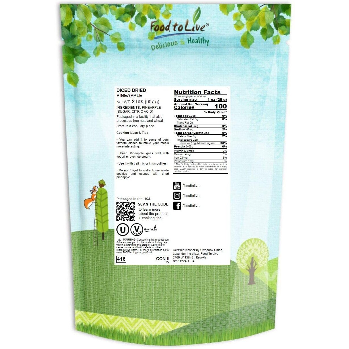 Food To Live Dried Diced Pineapple, 2 Pounds Raw, Vegan, Sweetened, Unsulfured, Bulk, Great For Culinary Use And Baking