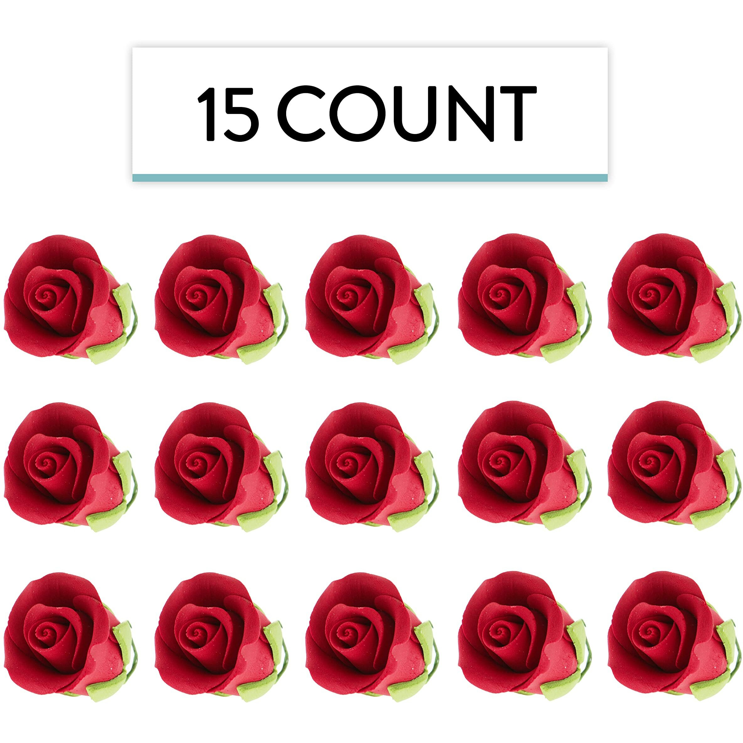 Global Sugar Art Tea Rose Sugar Cake Flowers, Red With Green Calyx, Small 1 Inch, 15 Count By Chef Alan Tetreault