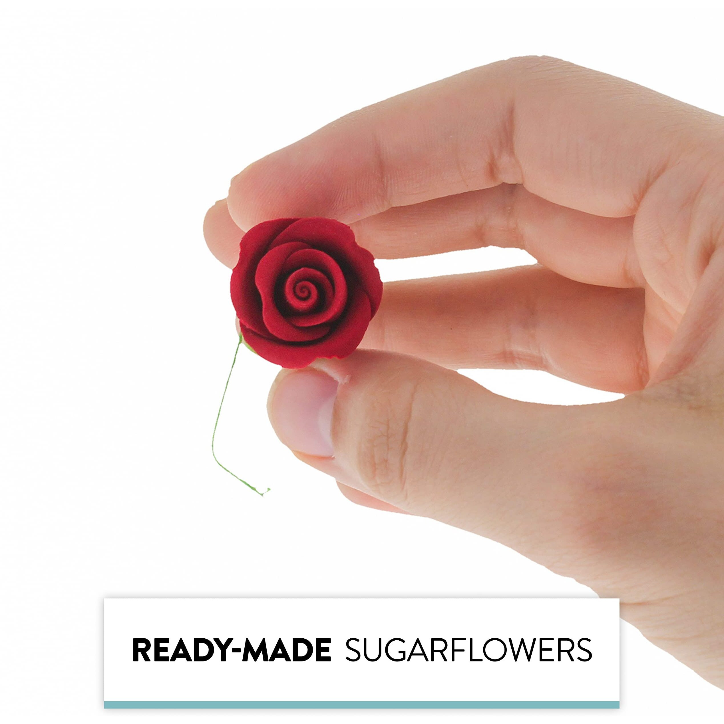 Global Sugar Art Tea Rose Sugar Cake Flowers, Red With Green Calyx, Small 1 Inch, 15 Count By Chef Alan Tetreault