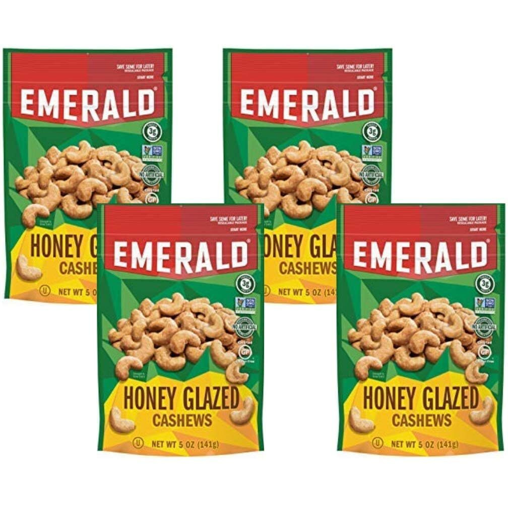 Emerald Nuts, Honey Glazed Cashews, 5 Oz, Resealable Bag (Pack Of 4)
