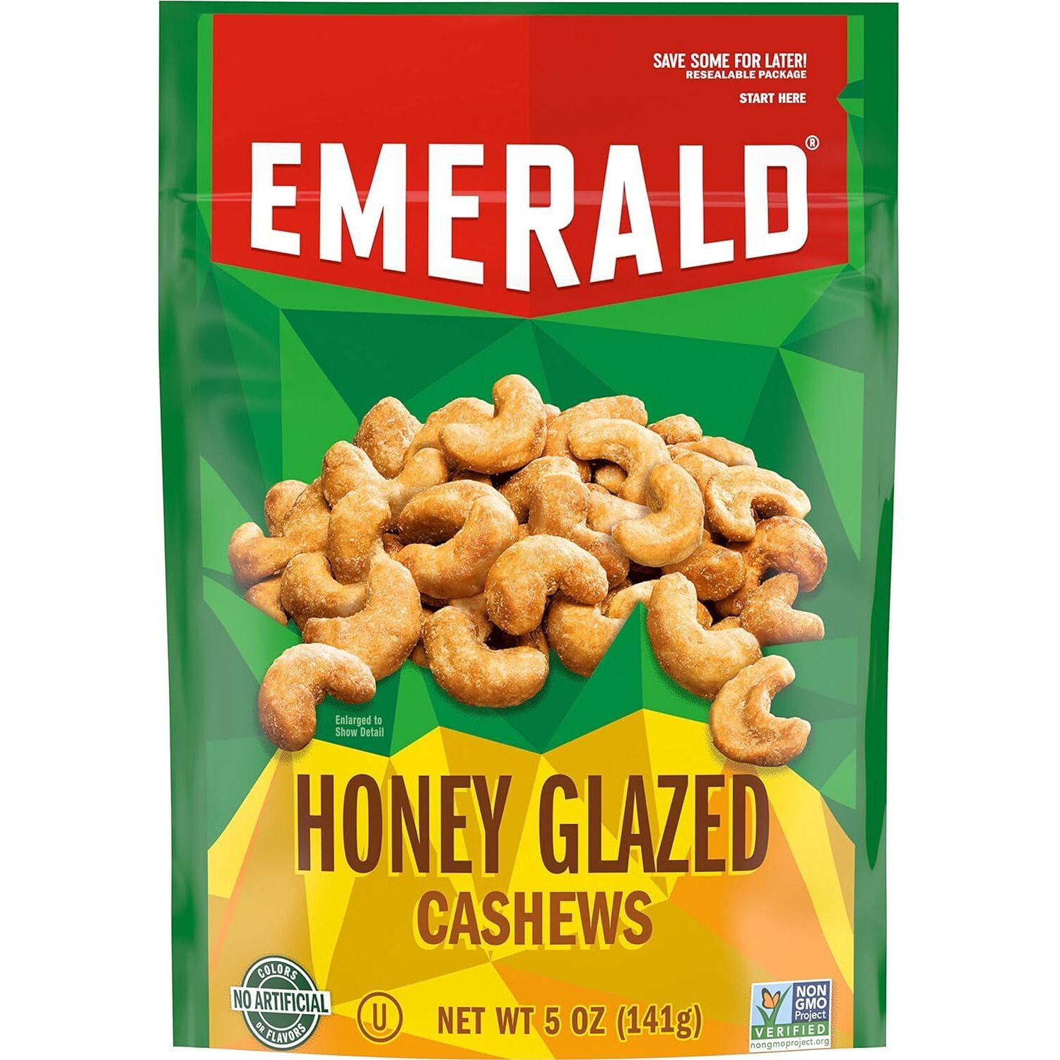 Emerald Nuts, Honey Glazed Cashews, 5 Oz, Resealable Bag (Pack Of 4)