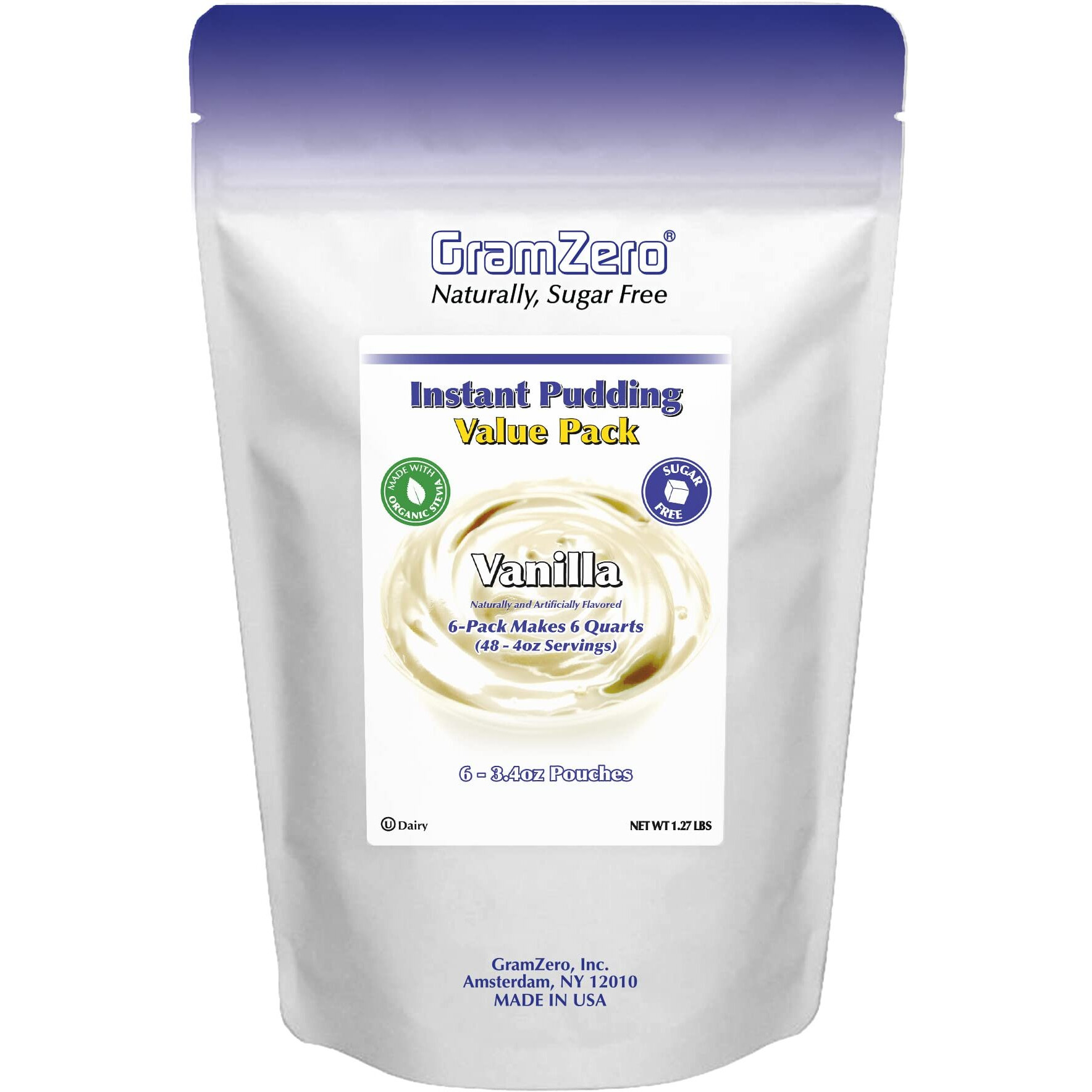 Gramzero Vanilla Sugar Free Pudding Mix 6-Pack, Great For Nutrition Club Meal Replacement Shakes, Low Calorie Dessert, Stevia Sweetened