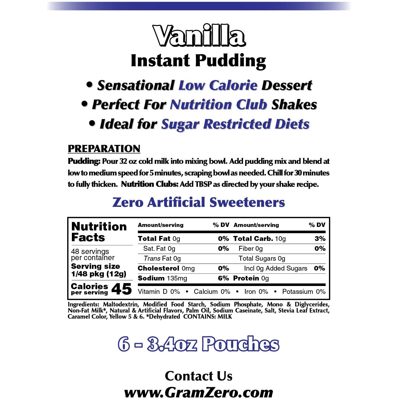 Gramzero Vanilla Sugar Free Pudding Mix 6-Pack, Great For Nutrition Club Meal Replacement Shakes, Low Calorie Dessert, Stevia Sweetened