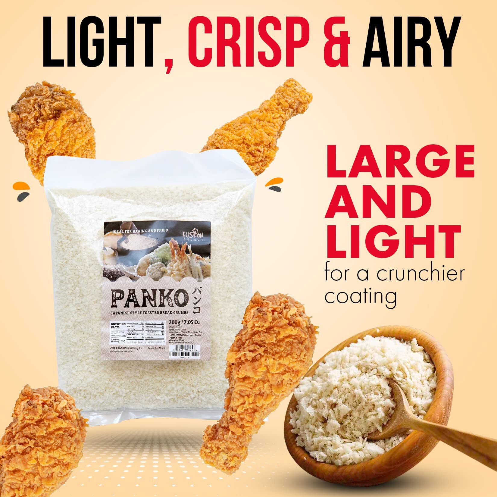 Fusion Select 3 Packs Panko Bread Crumbs - Japanese-Style Toasted Vegan Panko Breadcrumbs For Breading, Frying, Baking - For Fried Chicken & Pork, Baked Pasta, Roasted Vegetables, Tonkatsu