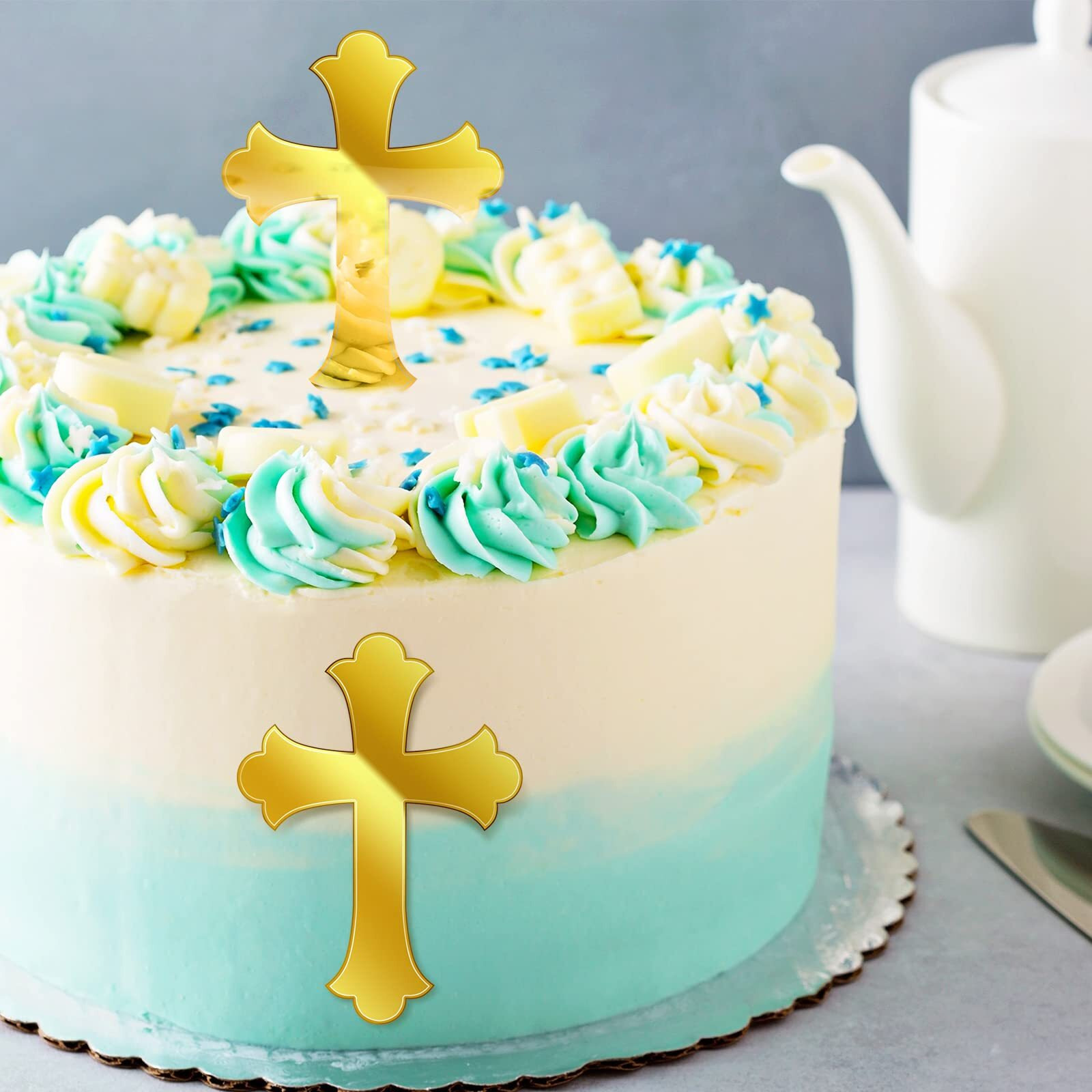 16 Pieces Baptism Cake Toppers Crossing Cupcake Toppers Gold Mirror Acrylic Cake Topper Baptism Decor Christian Decorations (Vivid Style)