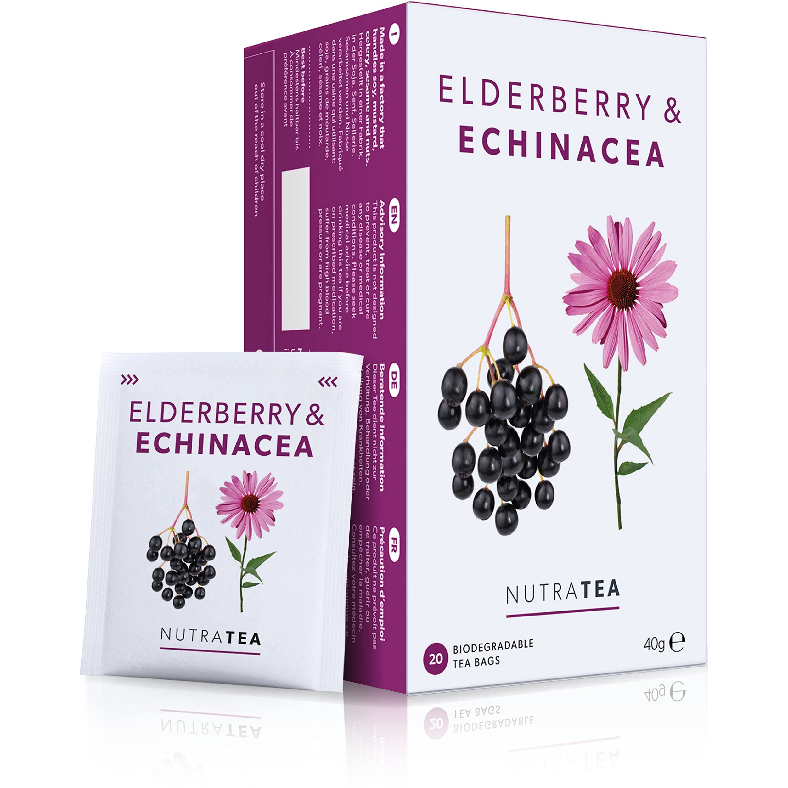 Nutra Tea - Elderberry & Echinacea Tea | Elderberry Tea - Immunity Tea | Immune Tea - 40 Tea Bags - Herbal Tea - (2 Pack)