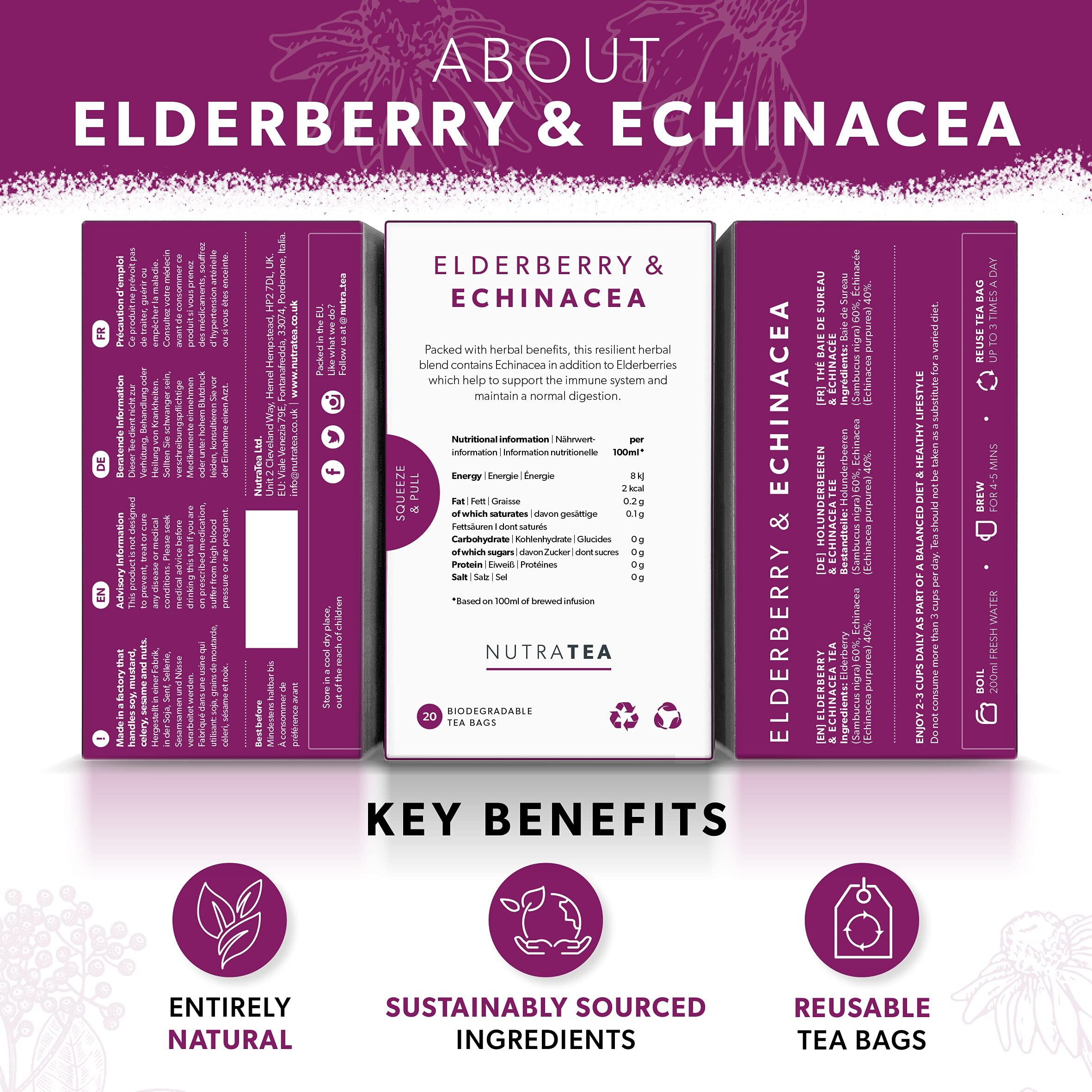 Nutra Tea - Elderberry & Echinacea Tea | Elderberry Tea - Immunity Tea | Immune Tea - 40 Tea Bags - Herbal Tea - (2 Pack)