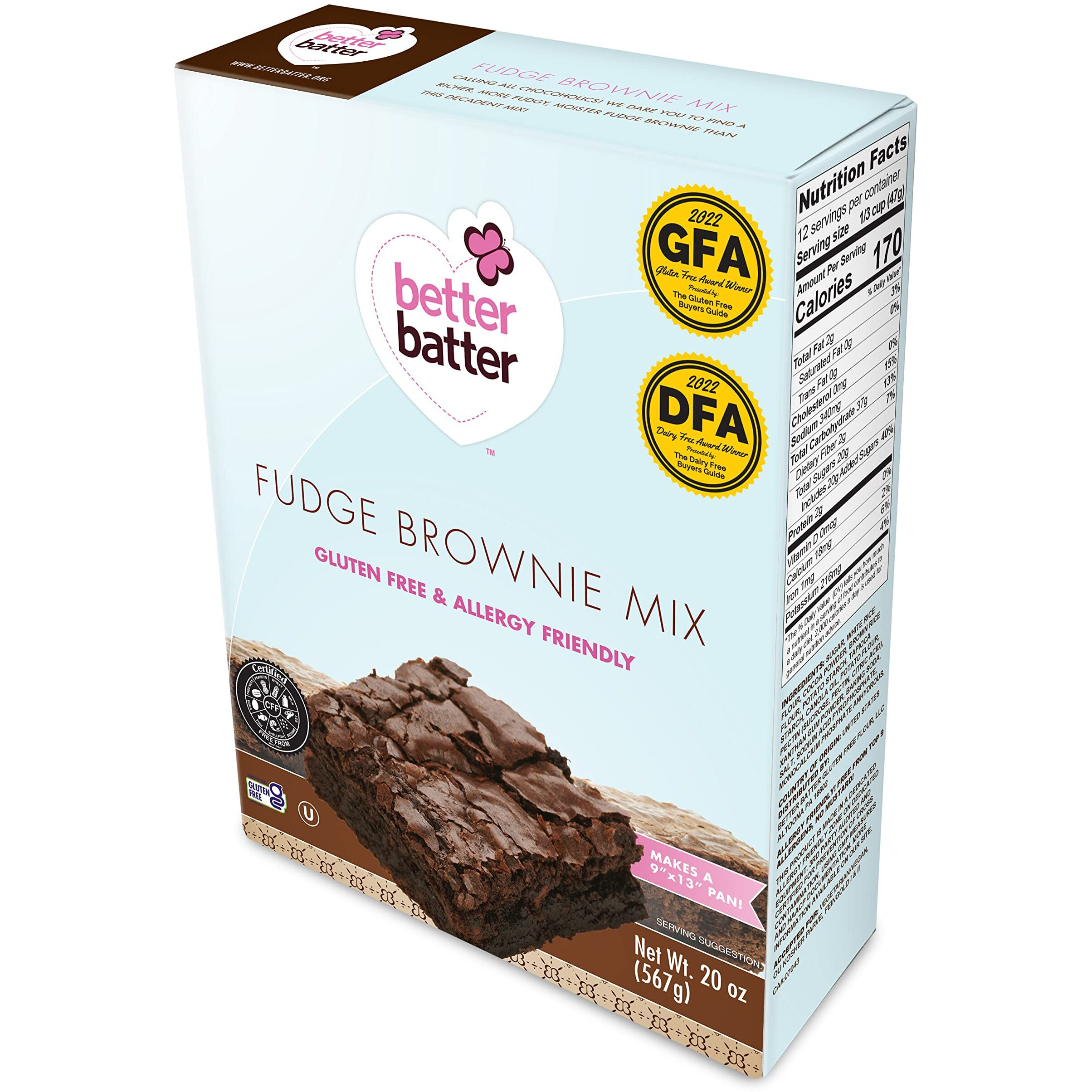 Better Batter Fudge Brownie Baking Mix, Certified Gluten Free, Non-Gmo, Vegan, Kosher, Top 10 Allergen Friendly, Cup For Cup Baking Alternative, 20Oz