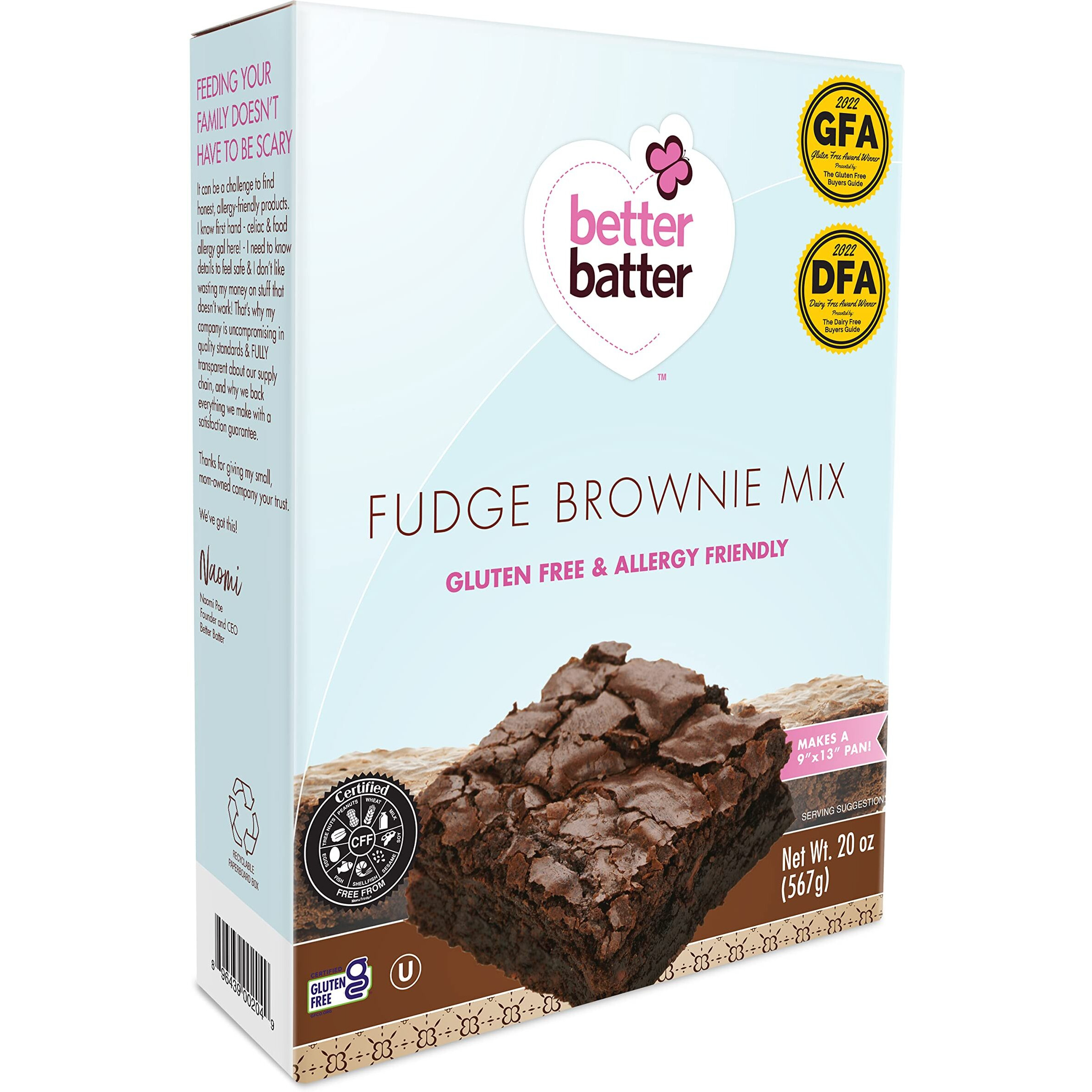 Better Batter Fudge Brownie Baking Mix, Certified Gluten Free, Non-Gmo, Vegan, Kosher, Top 10 Allergen Friendly, Cup For Cup Baking Alternative, 20Oz