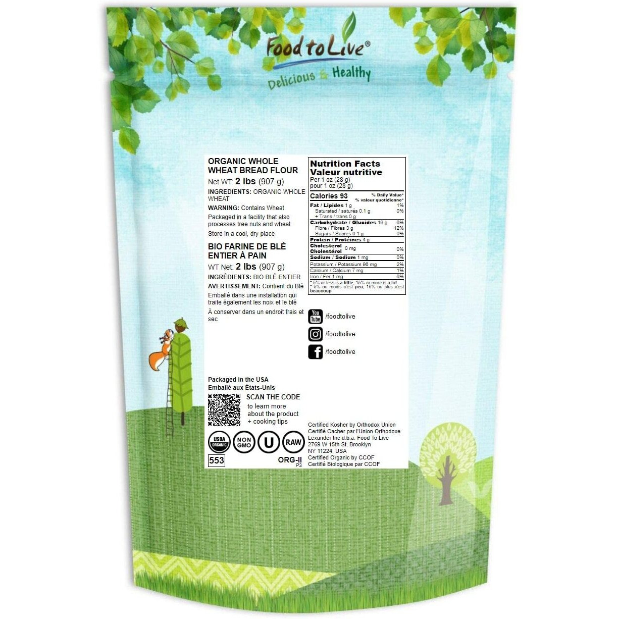 Food To Live Organic Whole Wheat Bread Flour, 2 Pounds Whole Grain, Stone Ground, Unbleached, Non-Gmo, Kosher, Unbromated, Raw, Vegan, Bulk, Product Of The Usa