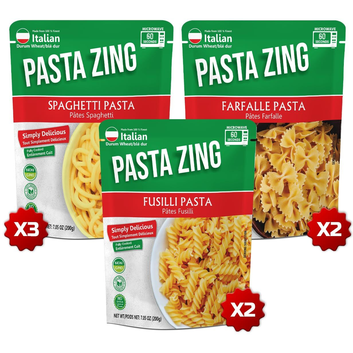 Pasta Zing Microwavable Variety Pasta Pack Of 7 | 2X Farfalle | 3X Spaghetti | 2X Fusilli Pasta | Microwave Pasta Ready To Eat In 60 Sec - Fully Cooked -100% Durum Wheat 7.05 Ounce