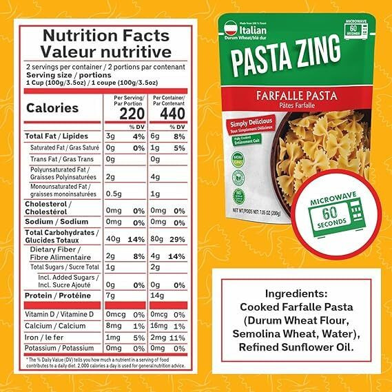 Pasta Zing Microwavable Variety Pasta Pack Of 7 | 2X Farfalle | 3X Spaghetti | 2X Fusilli Pasta | Microwave Pasta Ready To Eat In 60 Sec - Fully Cooked -100% Durum Wheat 7.05 Ounce
