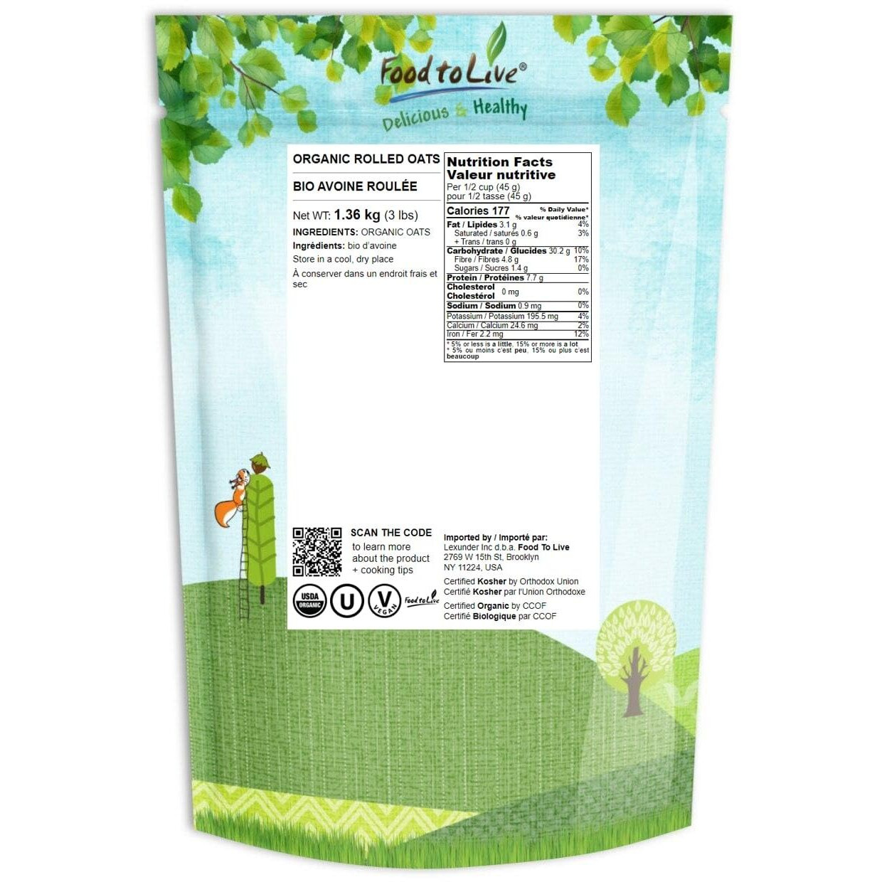 Food To Live Organic Rolled Oats, 3 Pounds - Old-Fashioned, 100% Whole Grain, Non-Gmo, Raw, Kosher, Bulk Oats. Perfect For Morning Oatmeal And Overnight Oats