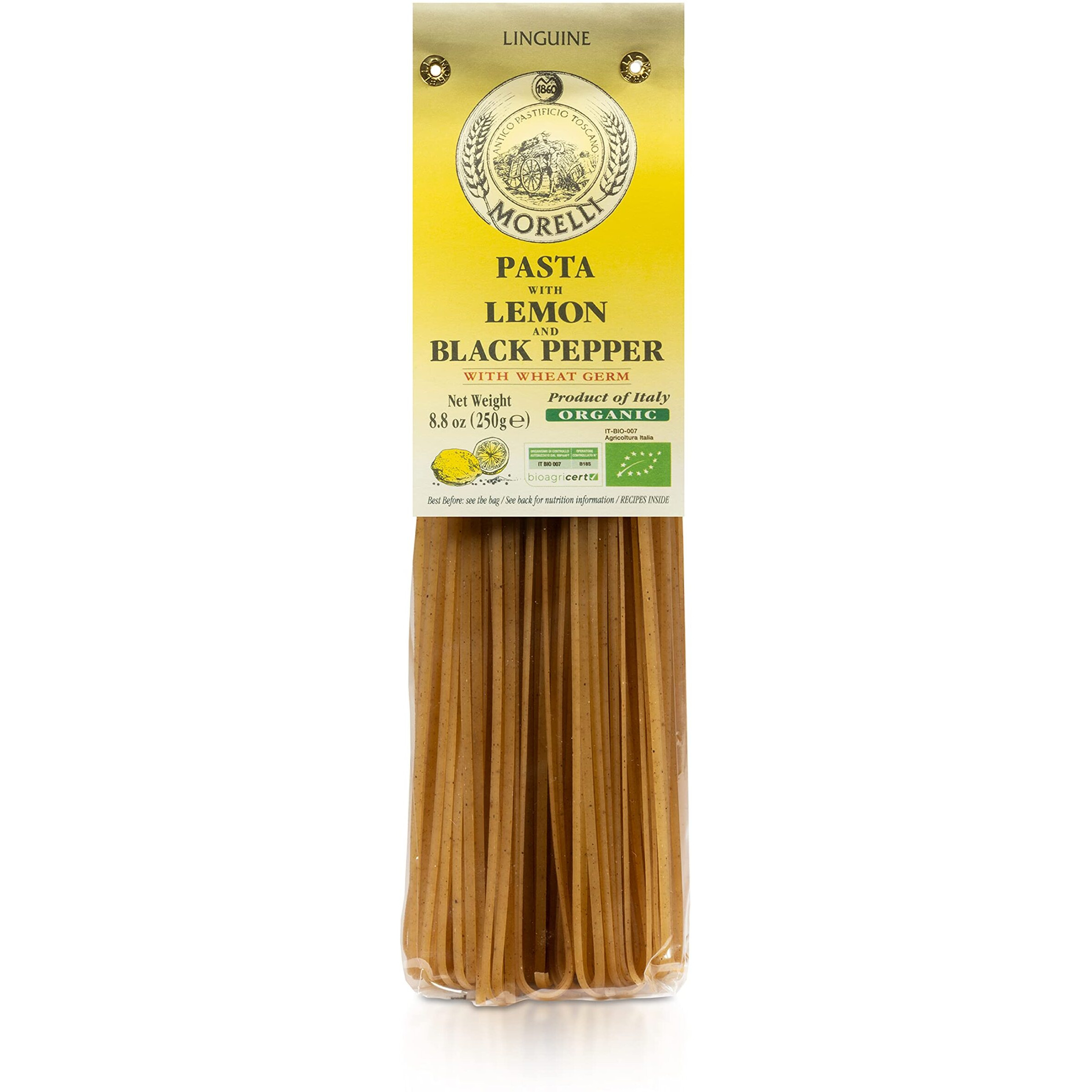Morelli Lemon Pepper Linguine Pasta With Wheat Germ - Linguine Organic Pasta - Naturally Flavored Pasta Made In Italy - Imported Italian Pasta From Italy - 8.8 Ounce