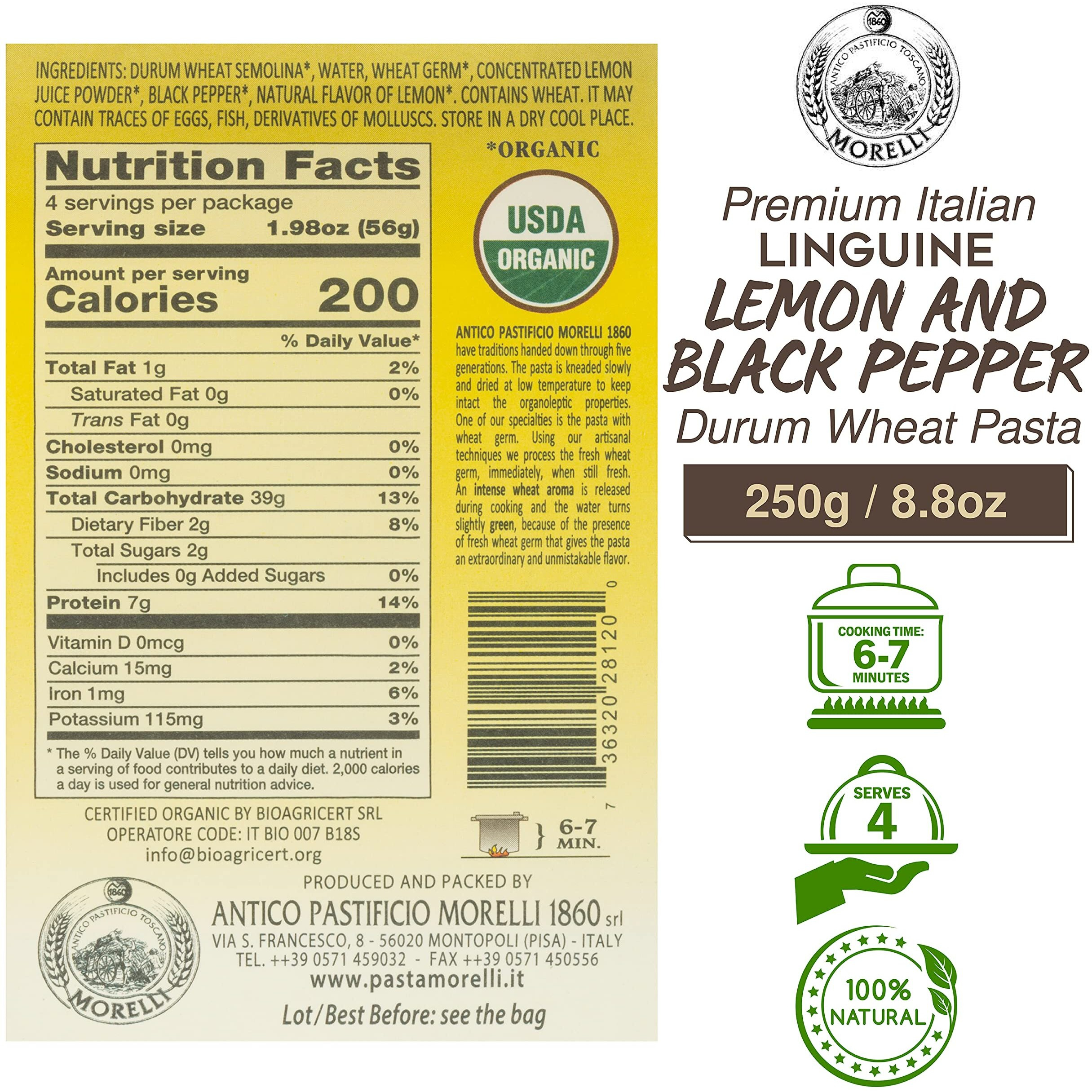 Morelli Lemon Pepper Linguine Pasta With Wheat Germ - Linguine Organic Pasta - Naturally Flavored Pasta Made In Italy - Imported Italian Pasta From Italy - 8.8 Ounce