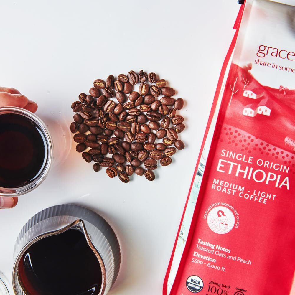 Grace Farms, Organic Whole Bean Coffee, Single Origin Ethiopia Medium-Light Roast, 12Oz Bag, 1 Count | Notes Of Toasted Oats & Peach | Gives Back 100% Of Profits