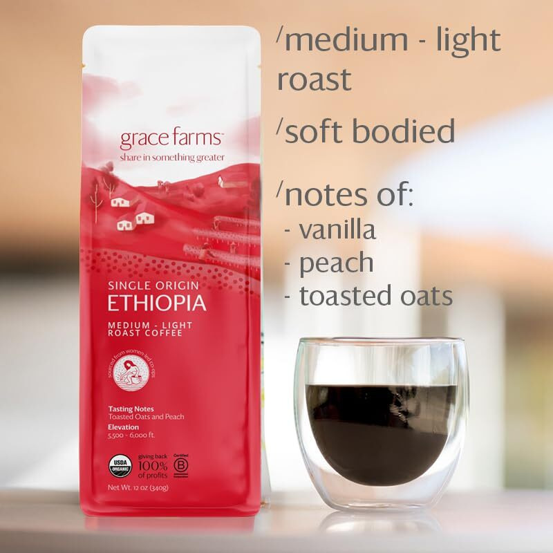 Grace Farms, Organic Whole Bean Coffee, Single Origin Ethiopia Medium-Light Roast, 12Oz Bag, 1 Count | Notes Of Toasted Oats & Peach | Gives Back 100% Of Profits